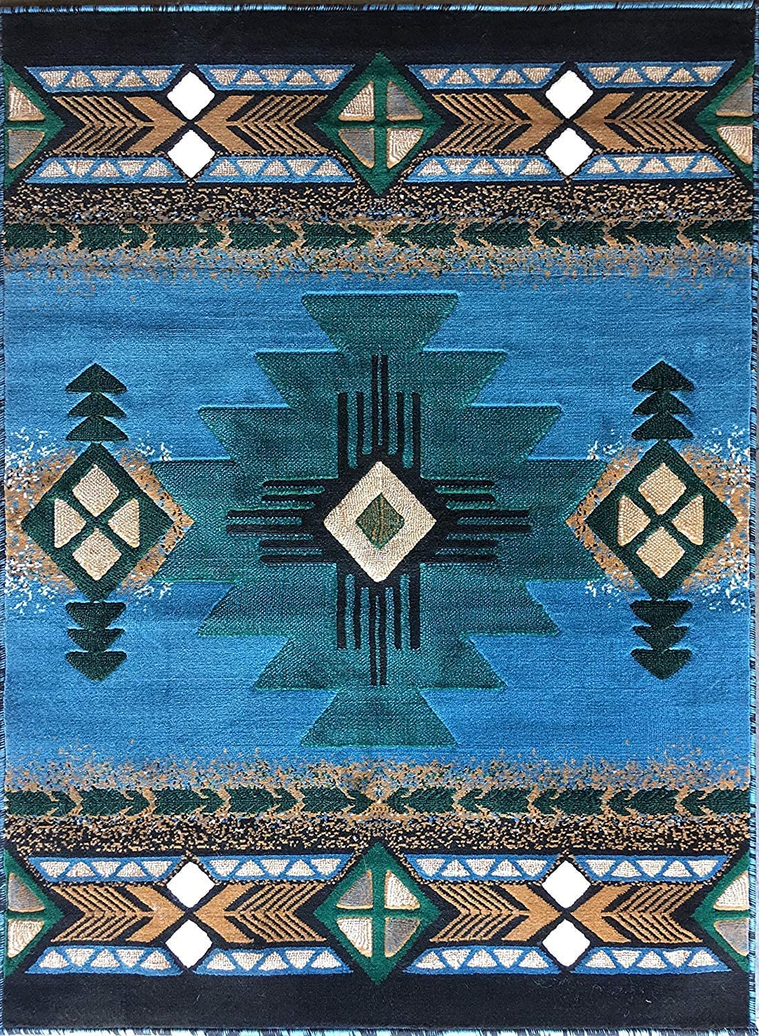 YHSF South West Native American Area Rug C318 (Blue-Green, 5 Feet x 7 Feet)