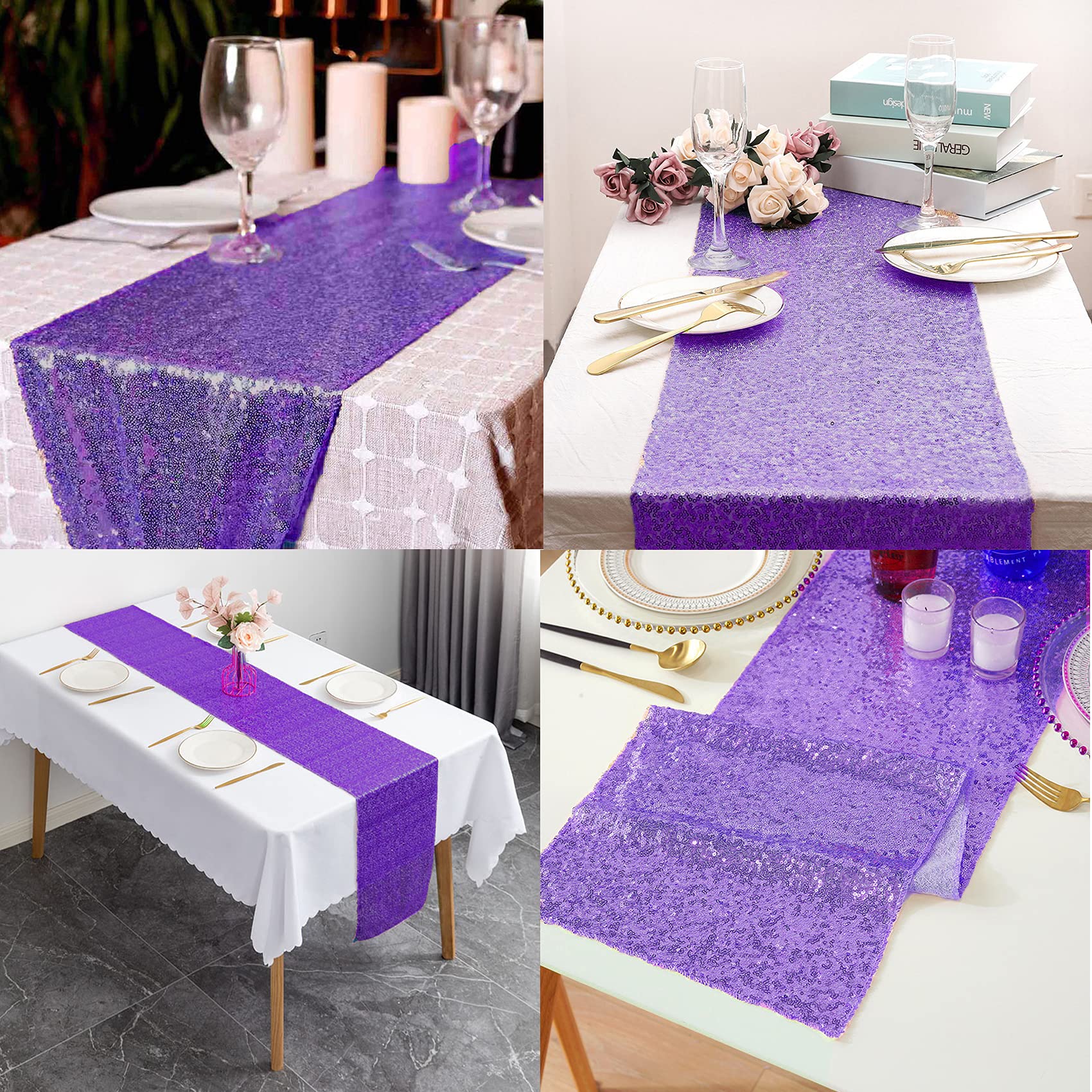 12 Packs 12 X 72 Inch Purple Sequin Table Runner Glitter Dining Table Runner For Birthday Wedding Engagement Bridal Baby Shower