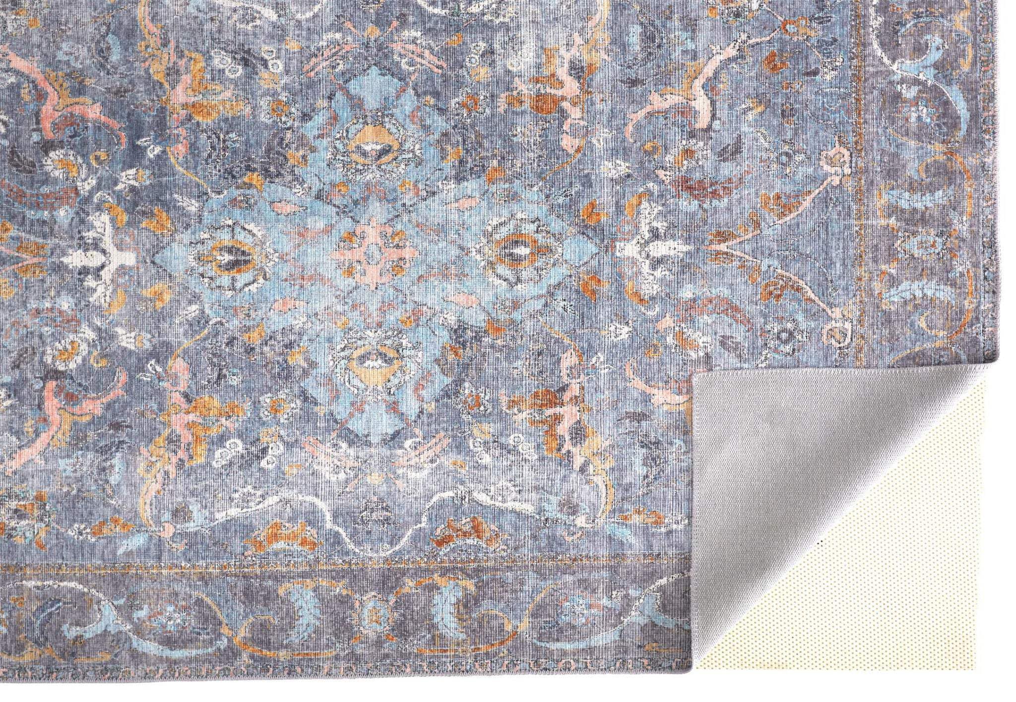 5 X 8 Blue Gray And Orange Floral Area Rug