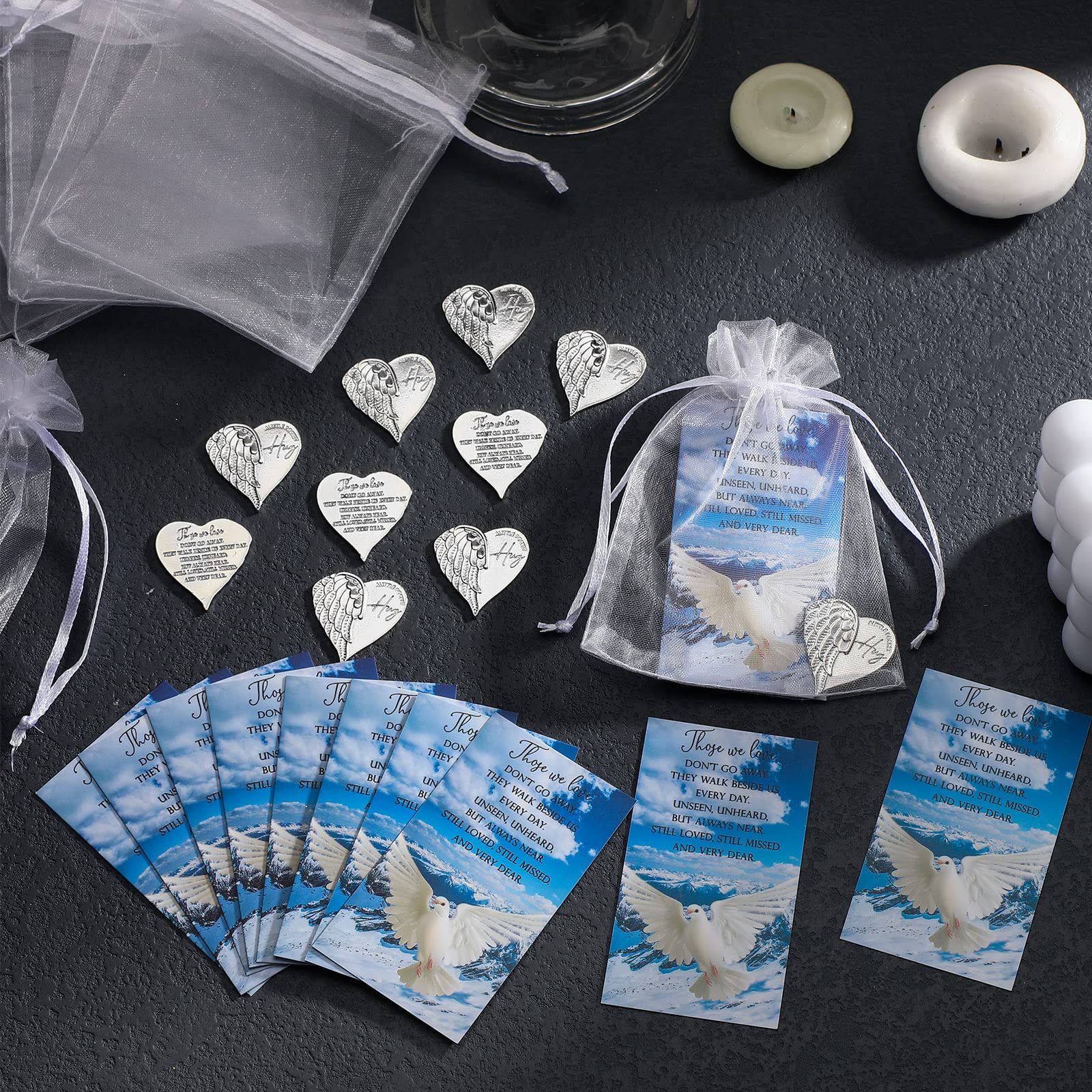 Sureio 30 Pieces Funeral Favors for Celebration of Life Heart Pocket Hug Token with Funeral Prayer Cards and Organza Bags As a K