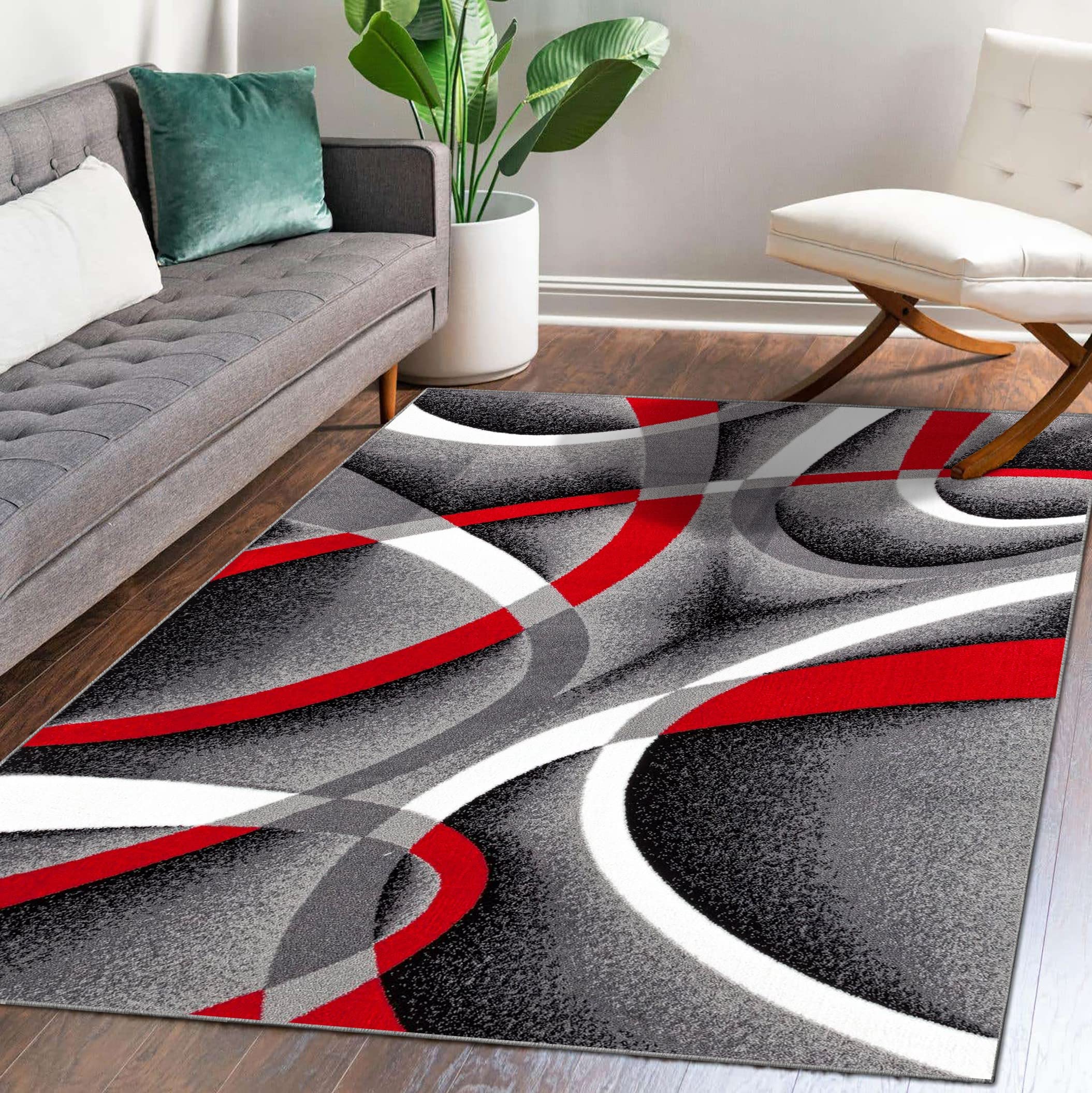 2305 Gray Black Red White Swirls 65 x 92 Modern Abstract Area Rug Carpet