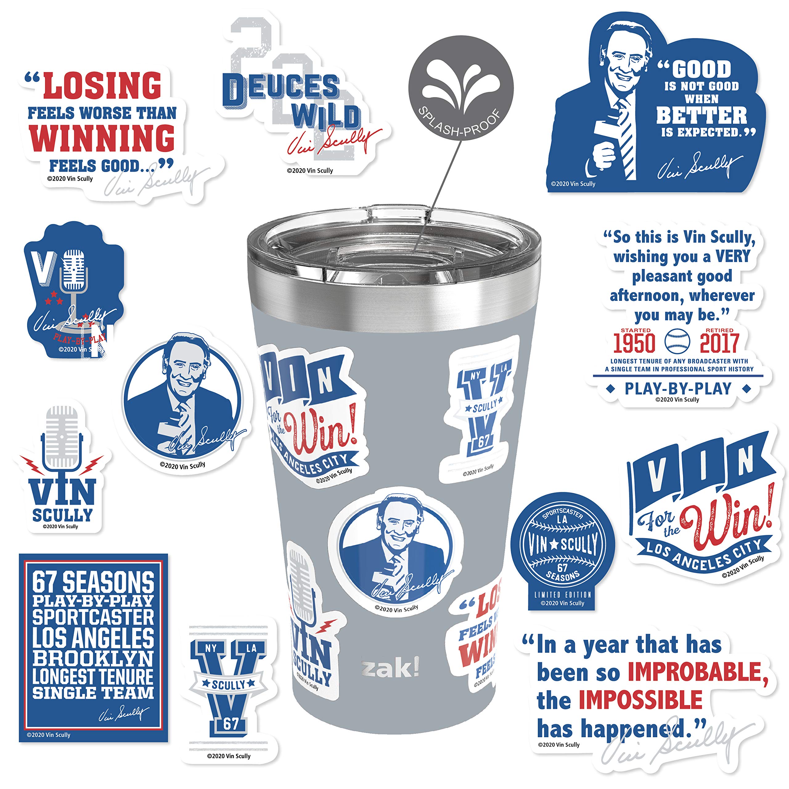 Zak Designs 18/8 Vacuum Insulated Stainless Steel Travel 20Oz With Press-In Lid And Splash-Proof, Includes Vin Scully Vinyl Pers