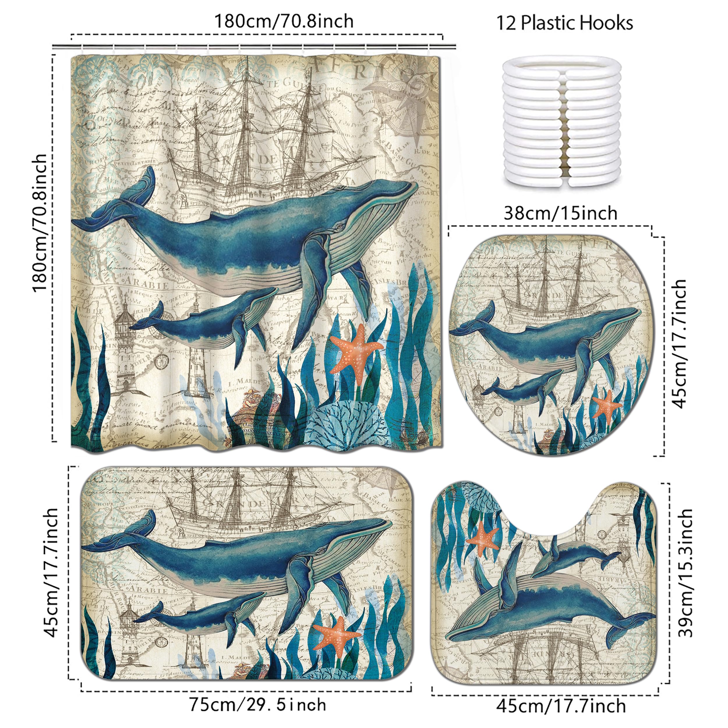 Planially 4Pcs Whale Waterproof Shower Curtain Sets,Ocean Bathroom Sets With Shower Curtain, Toilet Lid Rug, Contour Mat And Bat