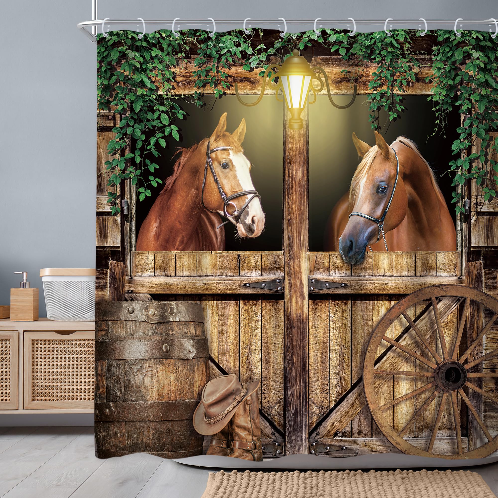 Newsely Western Horse Barn Door Shower Curtain 72Wx72H Inch Farmhouse Cowboy Old Wild West Green Leaves Shower Curtain Bathroom