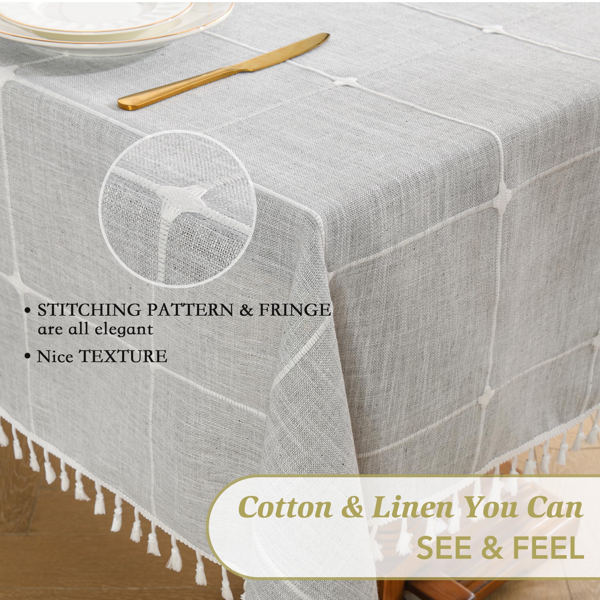 Oubonun Cotton Linen Rectangular Table Cloth, Wrinkle Resistant, Waterproof Tablecloth, Washable Farmhouse Table Cover With Tass