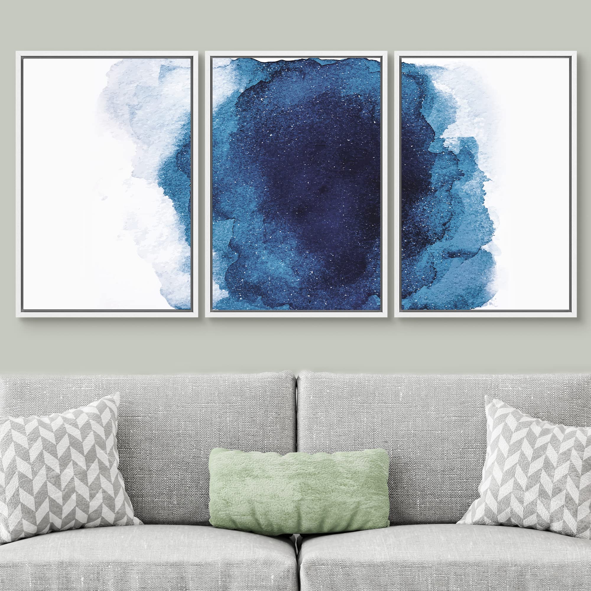 Signwin 3 Piece Framed Canvas Wall Art Navy Blue Watercolor Nature Wilderness Illustrations Abstract Traditional Relax/Calm Home