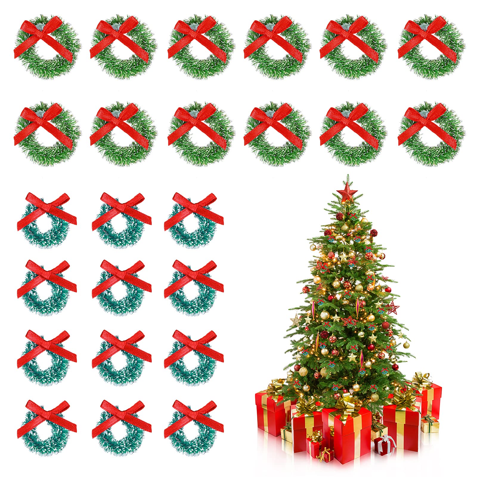 24 Pcs Mini Christmas Wreaths 1 Inch Xmas Tree Wreaths, Hanging Christmas Tree Wreath Ornaments for Christmas and Winter Holiday