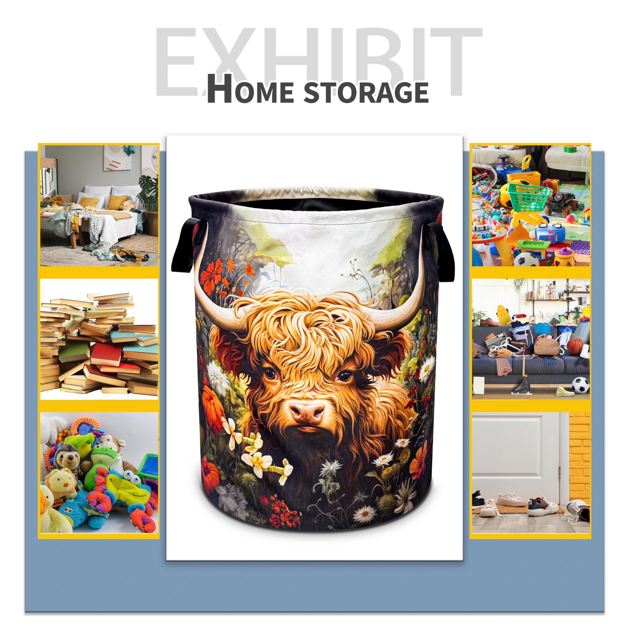 Highland Cow Flowers Laundry Basket Cattle Foldable Oxford Cloth Funny Tote Bag Laundry Hamper Clothes Storage Bucket Toy Organi