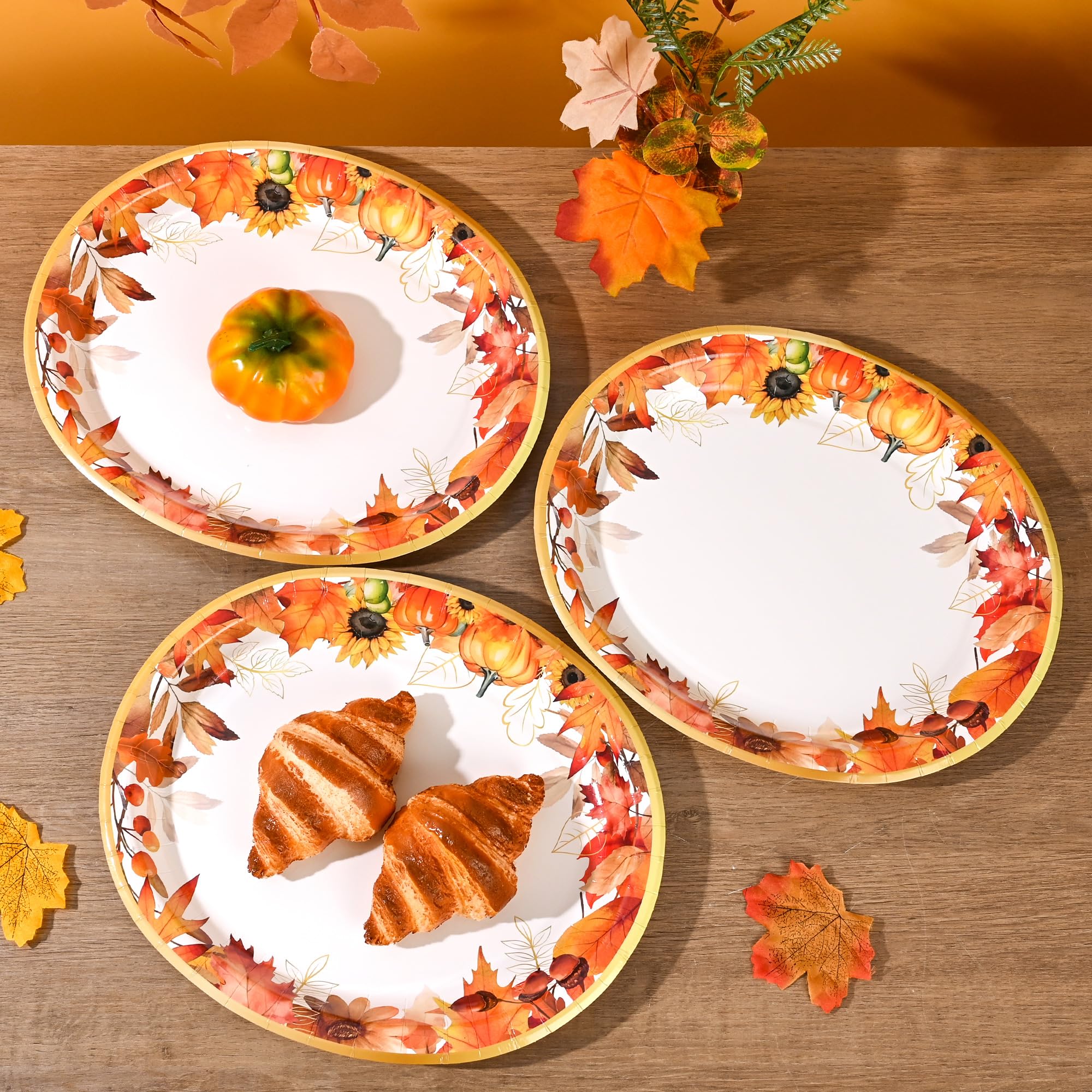 50Pcs Fall Oval Paper Plates Party Supplies Thanksgiving Autumn Plates Disposable Heavy Duty Watercolor Maple Leaves Plate for F