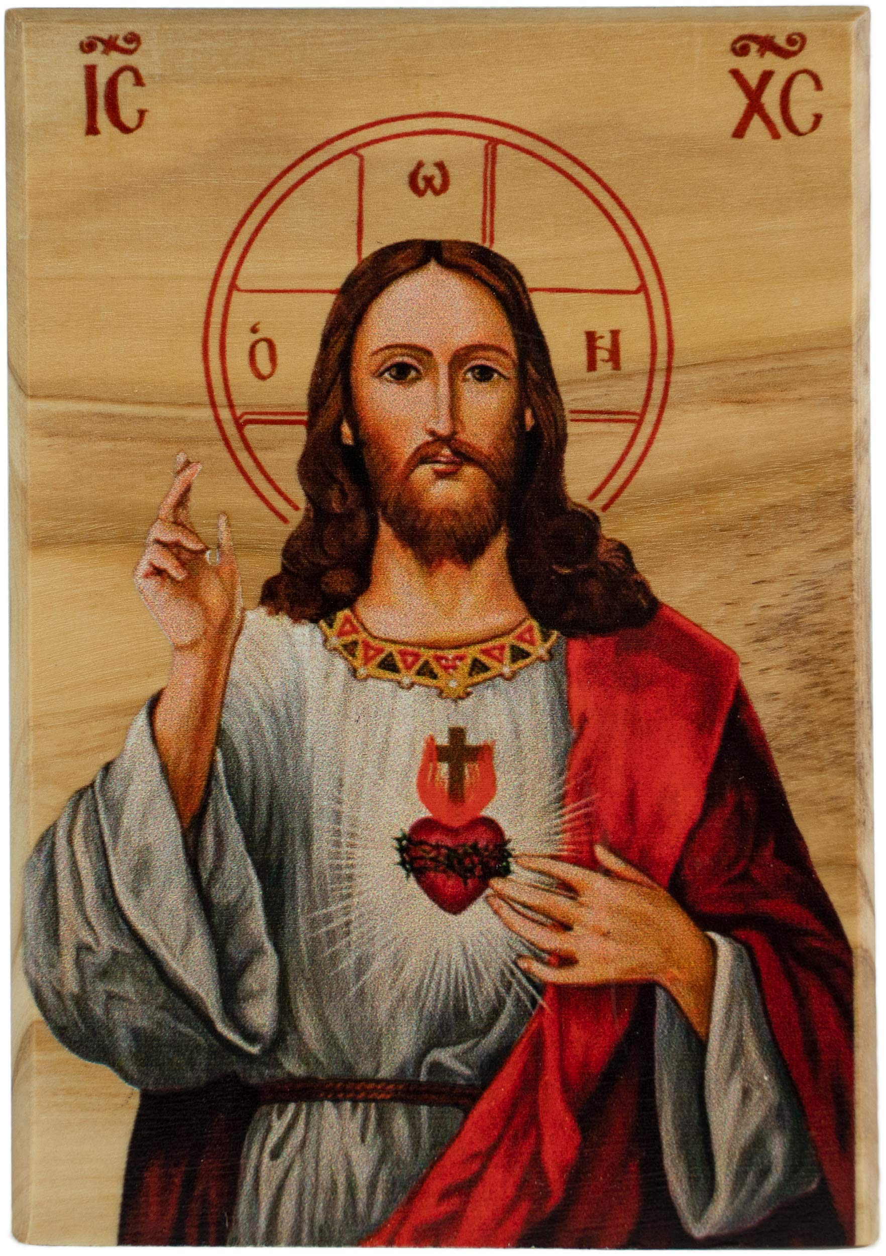 Logos Trading Post Jesus Christ Sacred Heart Full Color Icon from Israel, Holy Land Olive Wood Decor, Religious Standing Wooden 