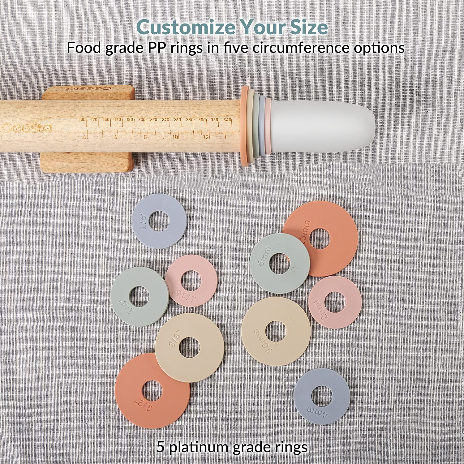 Geesta Adjustable Wood Rolling Pin with 5 Thickness Rings, Dough Roller, Measurement Guide for Baking, Model GETA057