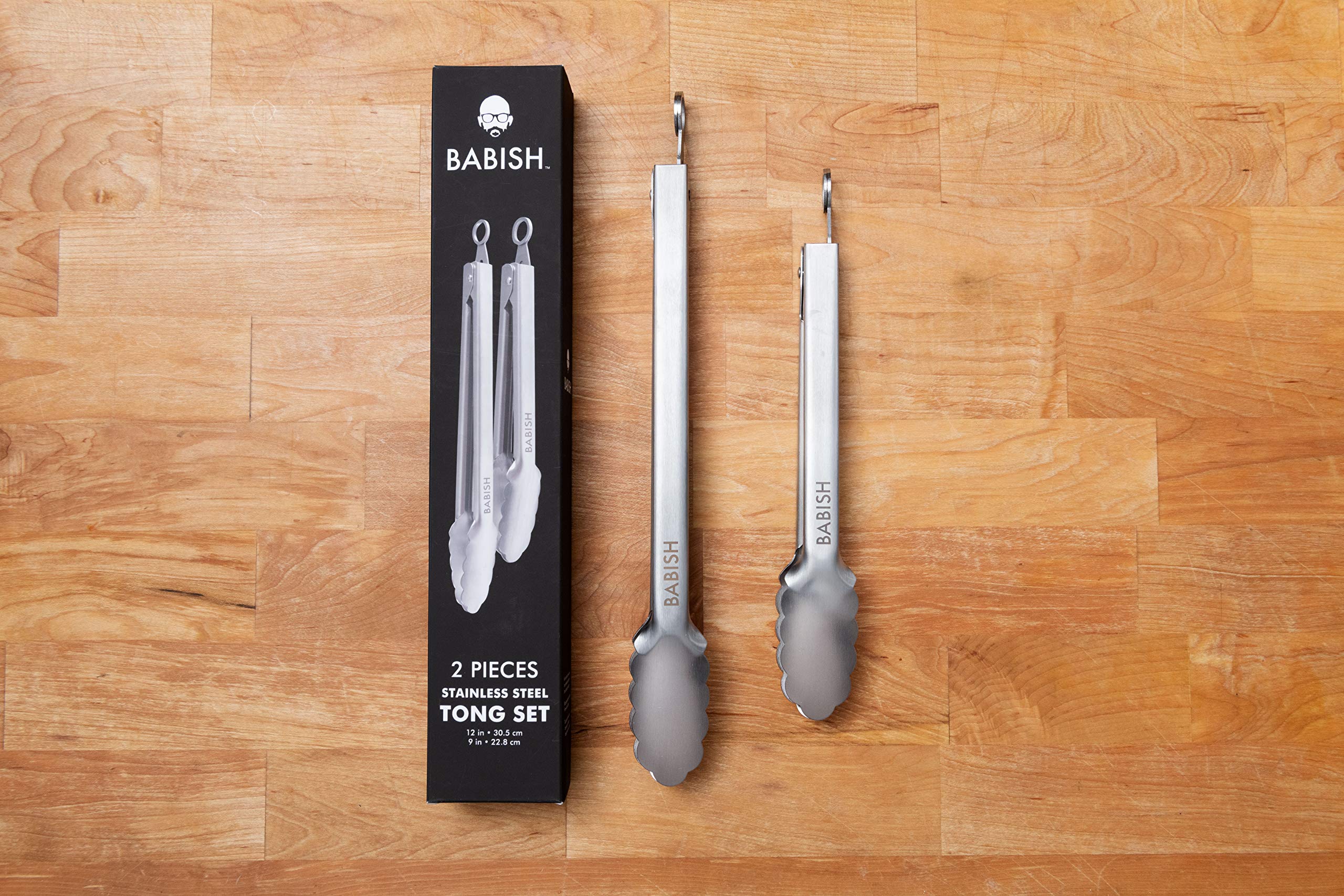 Babish 12    & 9    Locking Kitchen Tong Set, Stainless Steel