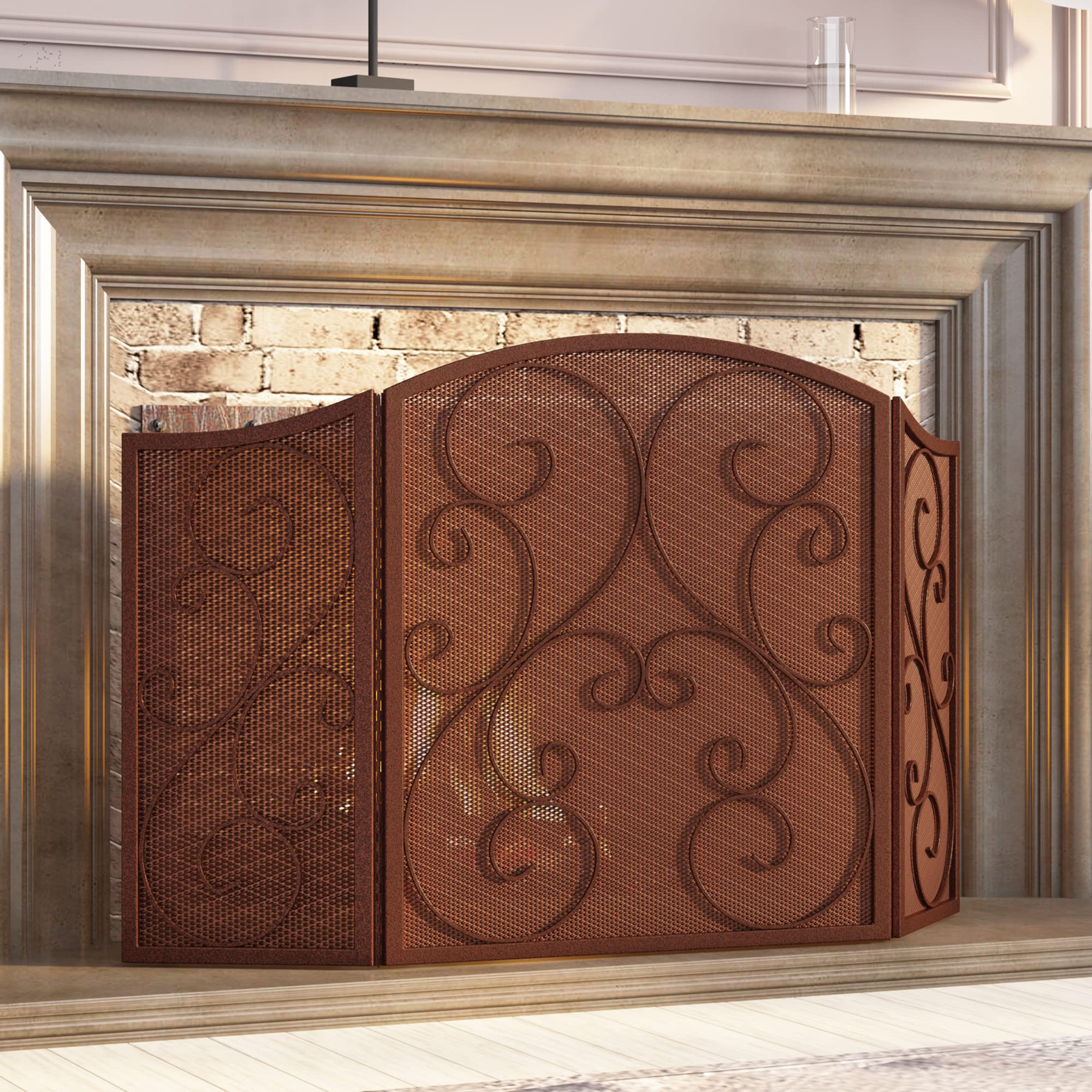 Fire Beauty Fireplace Screen 3 Panel Wrought Iron Metal 48 ''(L) x30(H) Spark Guard Cover(Antique Bronze)
