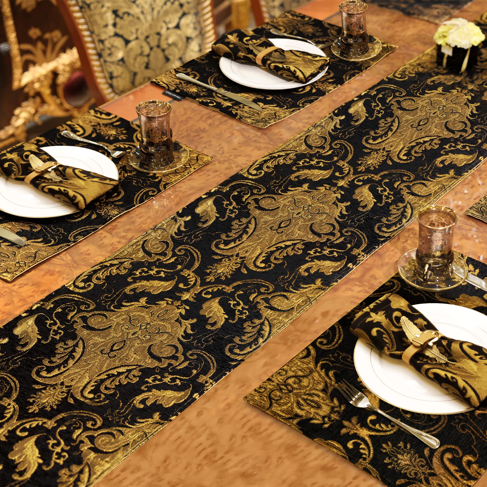 Loom And Mill Luxury Chenille Table Runner 108 Inches Long, Black Damask Jacquard Table Runners With Multi-Tassels For Halloween