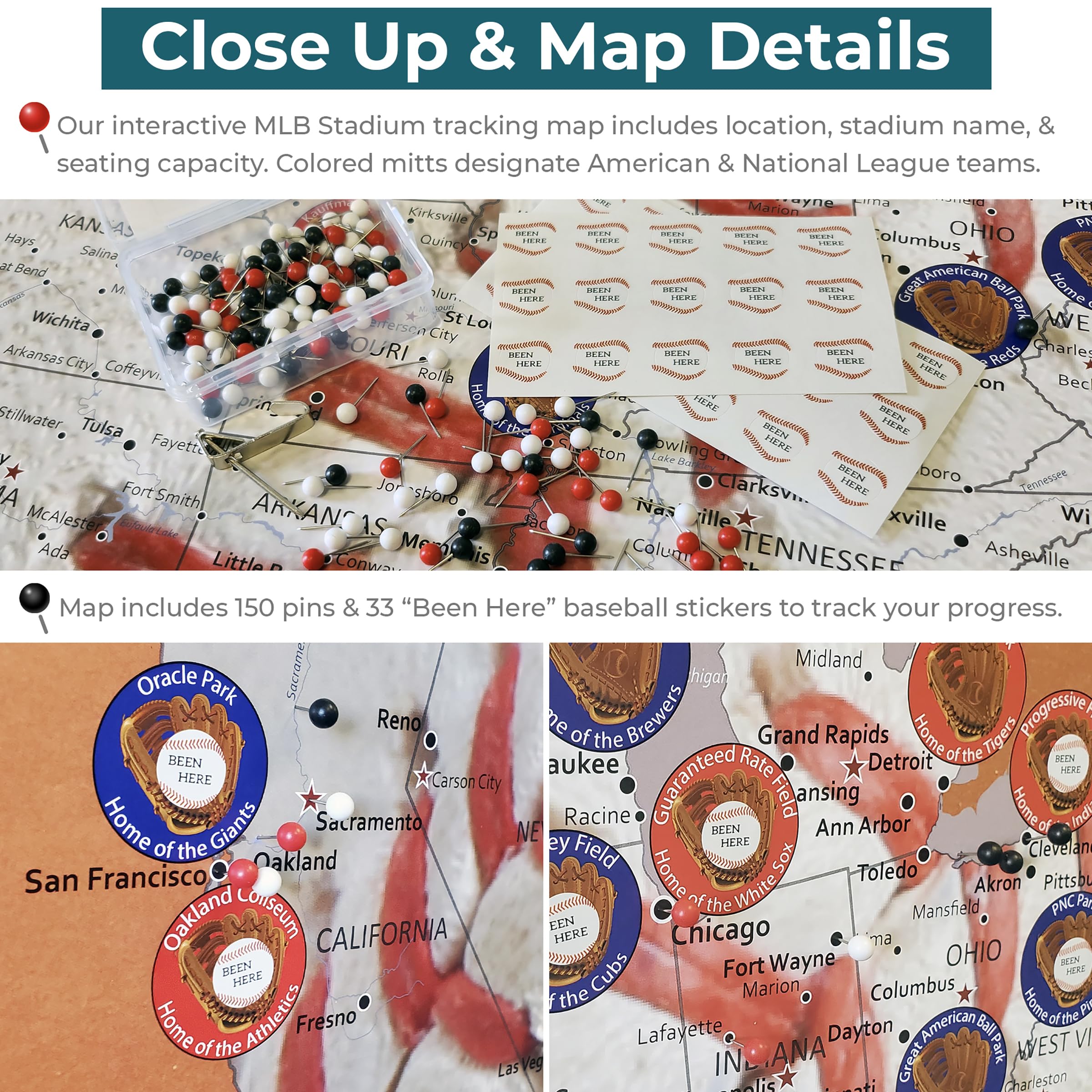 Baseball Adventures Push Pin Travel Map With Brown Frame And Pins - 27.5 Inches X 39.5 Inches