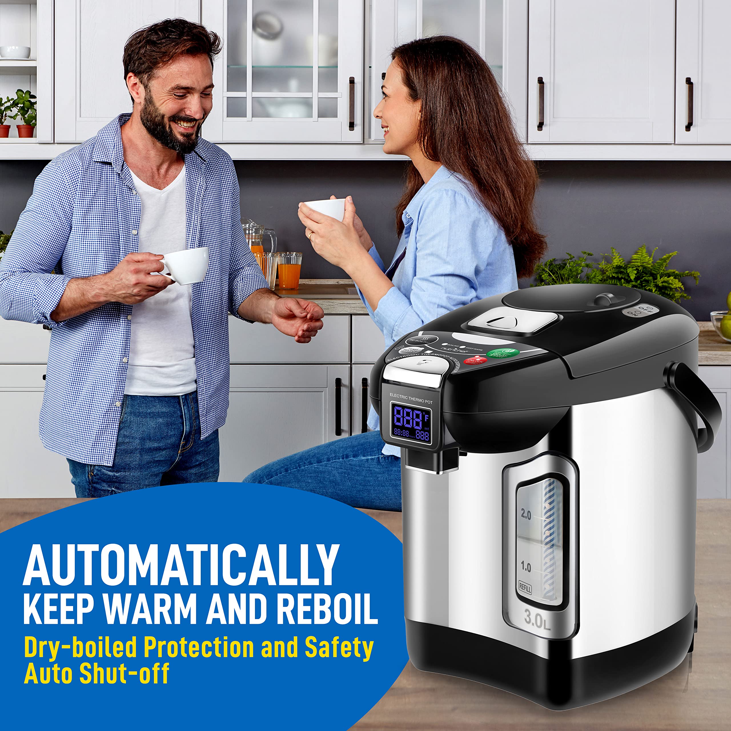Nutrichef Digital Water Boiler And Warmer - 3L/3.17 Qt Stainless Electric Hot Water Dispenser W/ Lcd Display, Rotating Base, Kee