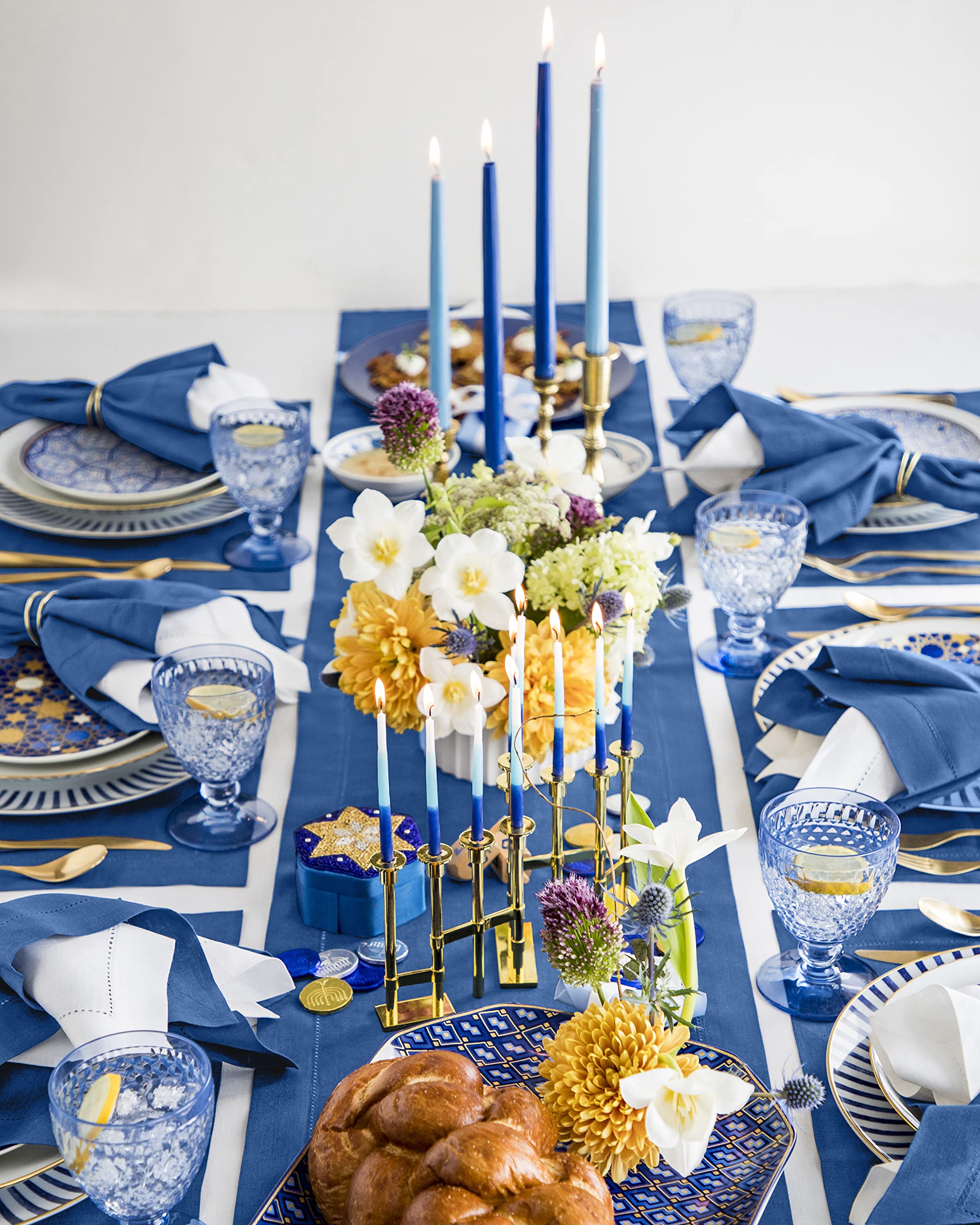 Solino Home Linen Indigo Blue Table Runner 108 Inches Long - 100% Pure Linen Classic Hemstitch Dining Table Runner 14 X 108 Inch