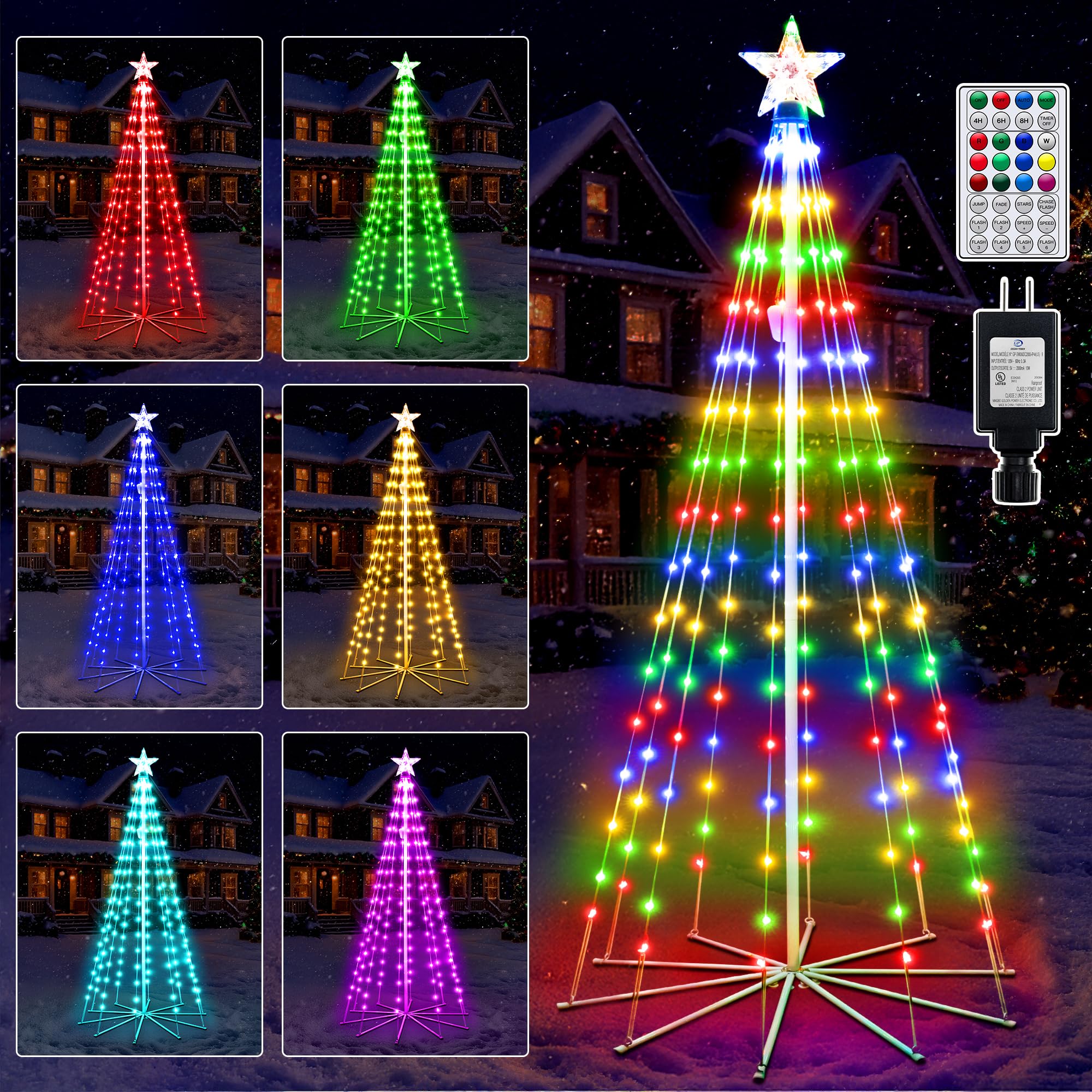 Ollny Christmas Tree Lights 6FT 170 LED, RGB 34 Modes Color Changing Outdoor String Light with Plug in Remote, Waterproof Star L