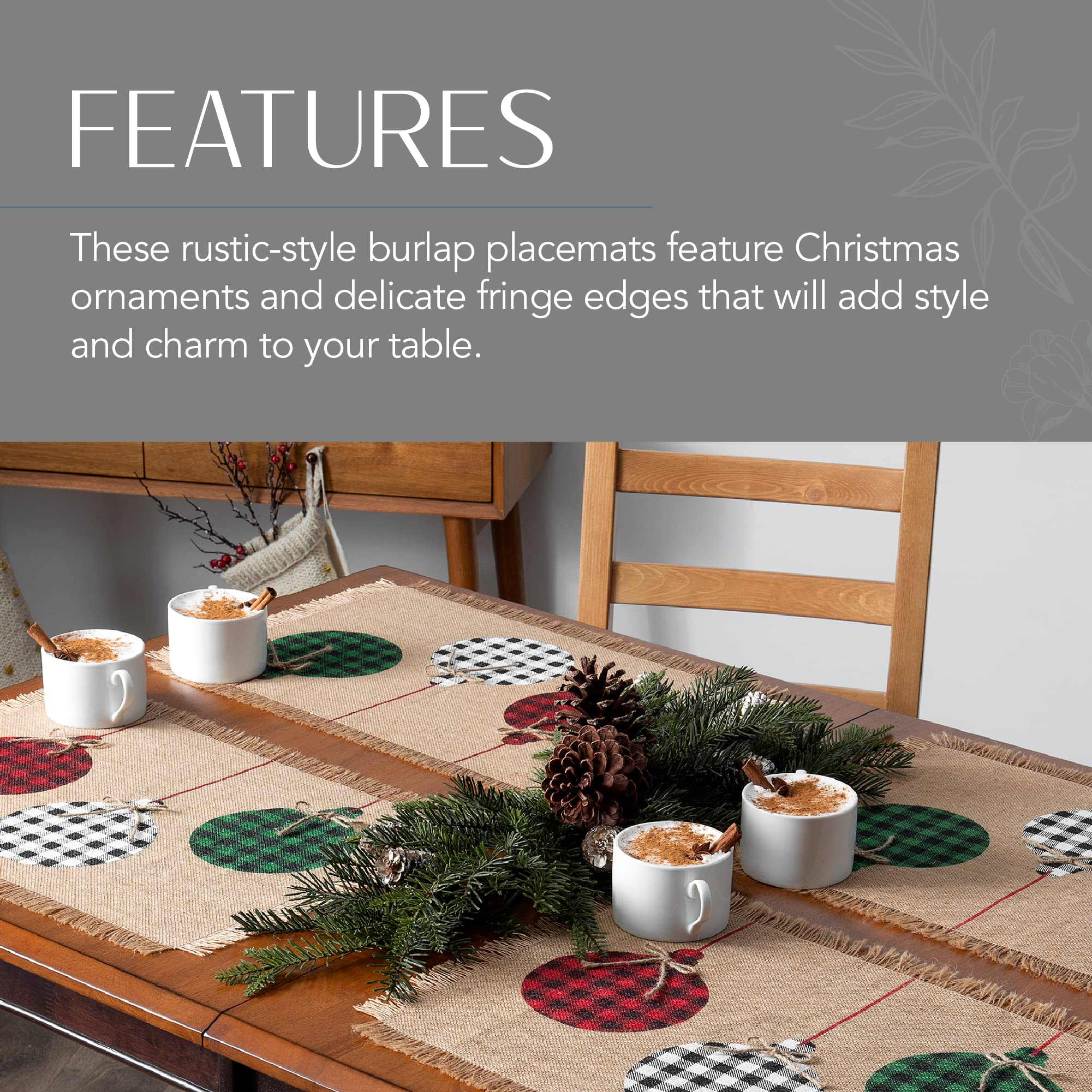 Elrene Home Fashions Burlap Placemat Set of 4, 13"x19", Multicolor Rustic Ornaments