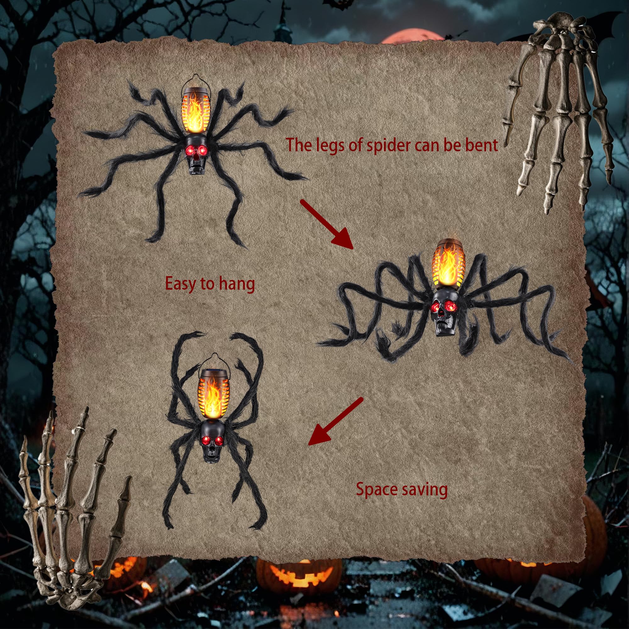 Halloween Skull Flame Light with 8 Spider Tentacles - Solar Powered Outdoor Lighting Decoration for Halloween Parties, Gardens,