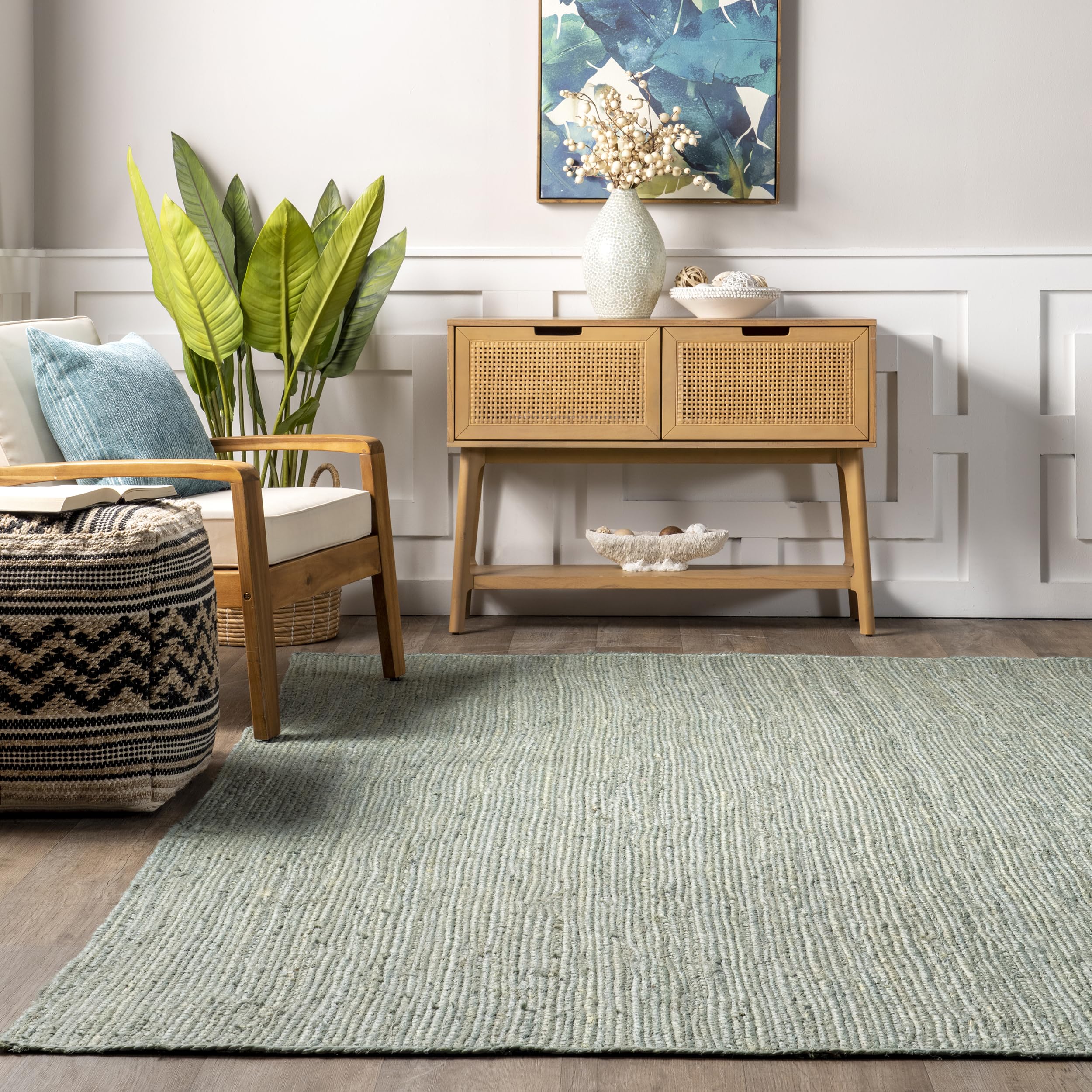 nuLOOM 8x10 Rigo Jute Hand Woven Area Rug, Green, Solid Farmhouse Design, Natural Fiber, For Bedroom, Living Room, Dining Room,