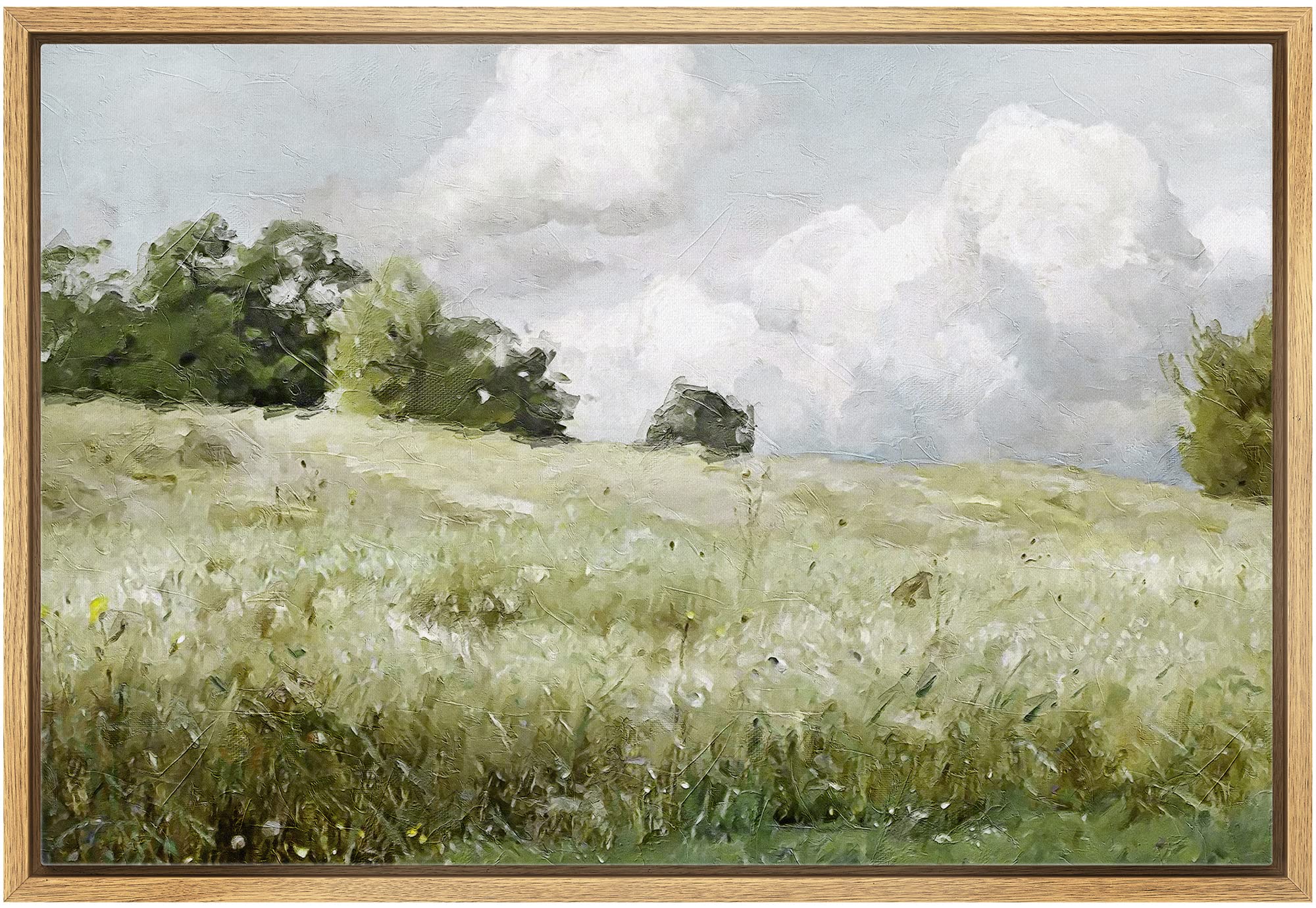 Wall26 Framed Canvas Print Wall Art Green Meadow Under Stormy Clouds Nature Wilderness Illustrations Modern Rustic Colorful Mult