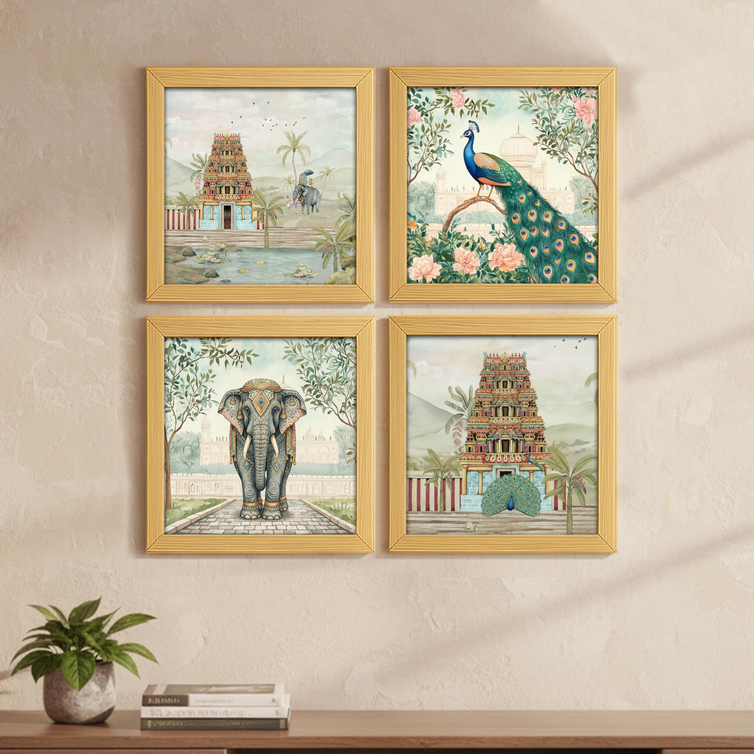 Rousrie Aesthetic Madhubani Art Paintings For Living Room, Bedroom, Multicolor, Natural Wood Color Frames, 8.0 X 8.0 Inch, Set O