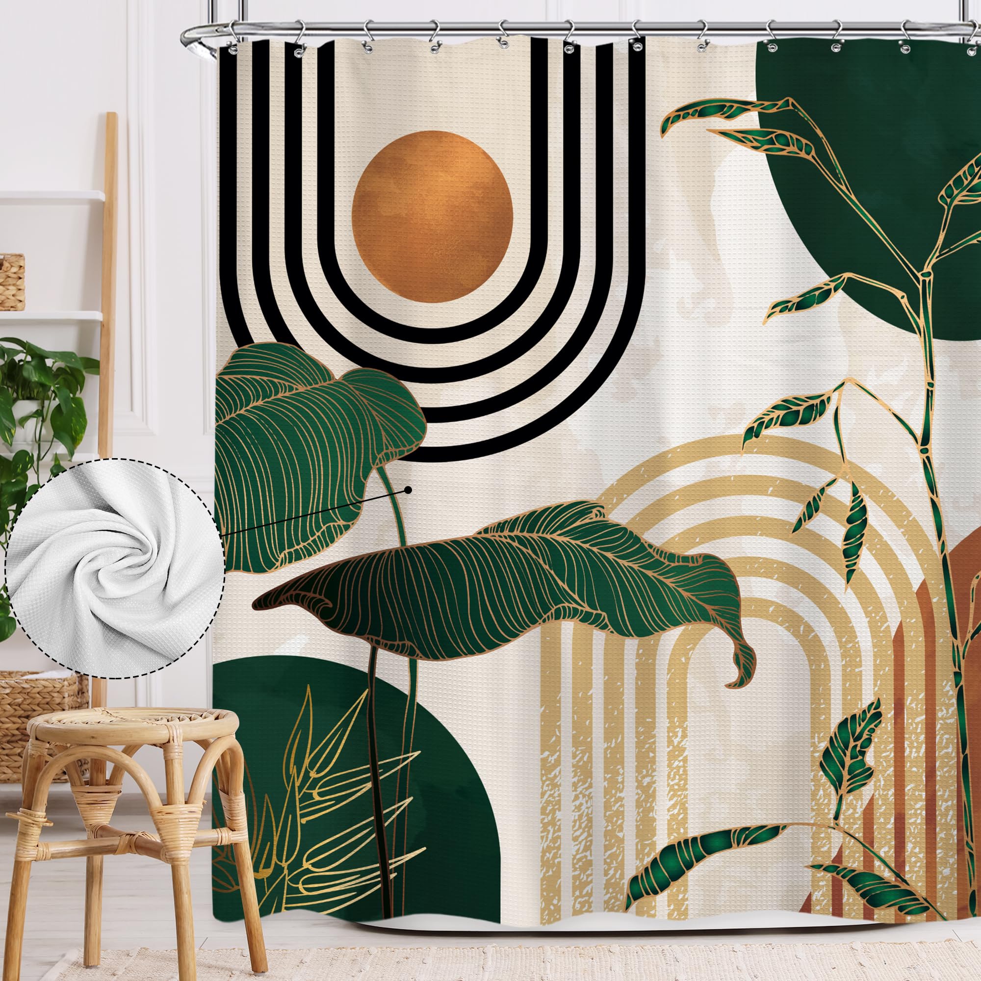 Glawry Abstract Mid Century Waffle Shower Curtain Green Boho Tropical Palm Tree Sun Arch Bathroom Modern Minimalist Aesthetic 72