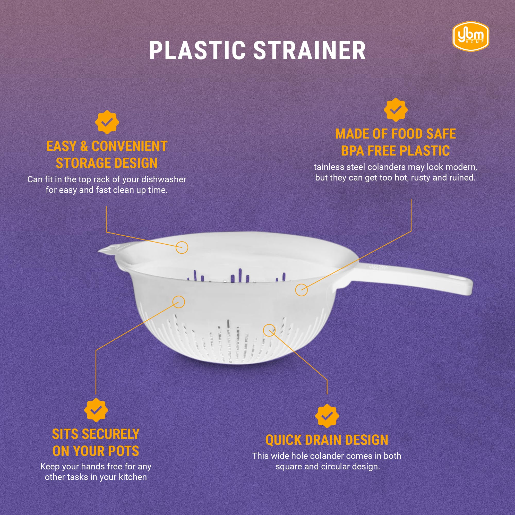 Ybm Home 9.75 Inch Plastic Strainer Colander With Long Handle - Made Of Food Safe Bpa-Free Plastic - Use For Pasta, Noodles, Spa