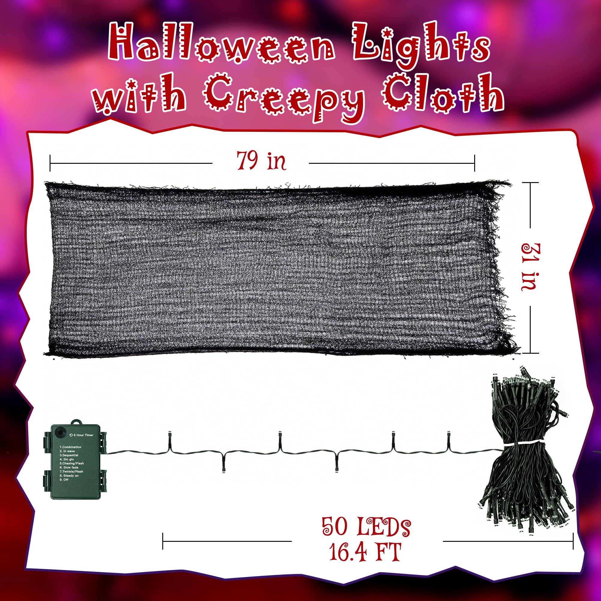 Ollny Halloween Lights with Creepy Cloth, 50LED 16FT Waterproof Orange and Purple String Lights with 8 Lighting Modes Timer, Bat
