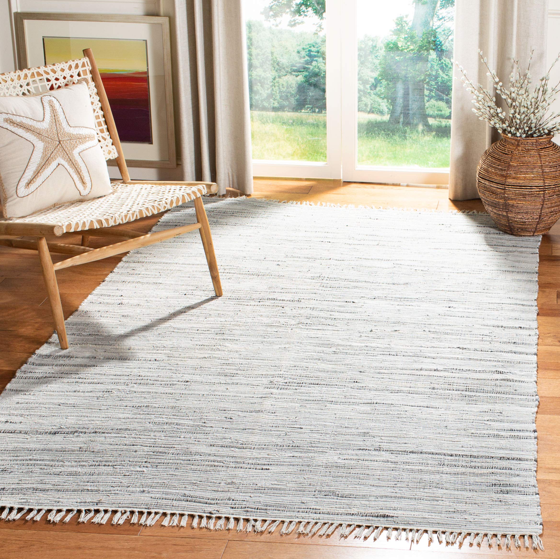 SAFAVIEH Rag Rug Collection Area Rug - 6 x 9, Grey, Handmade Boho Stripe Cotton, Ideal for High Traffic Areas in Living Room, 