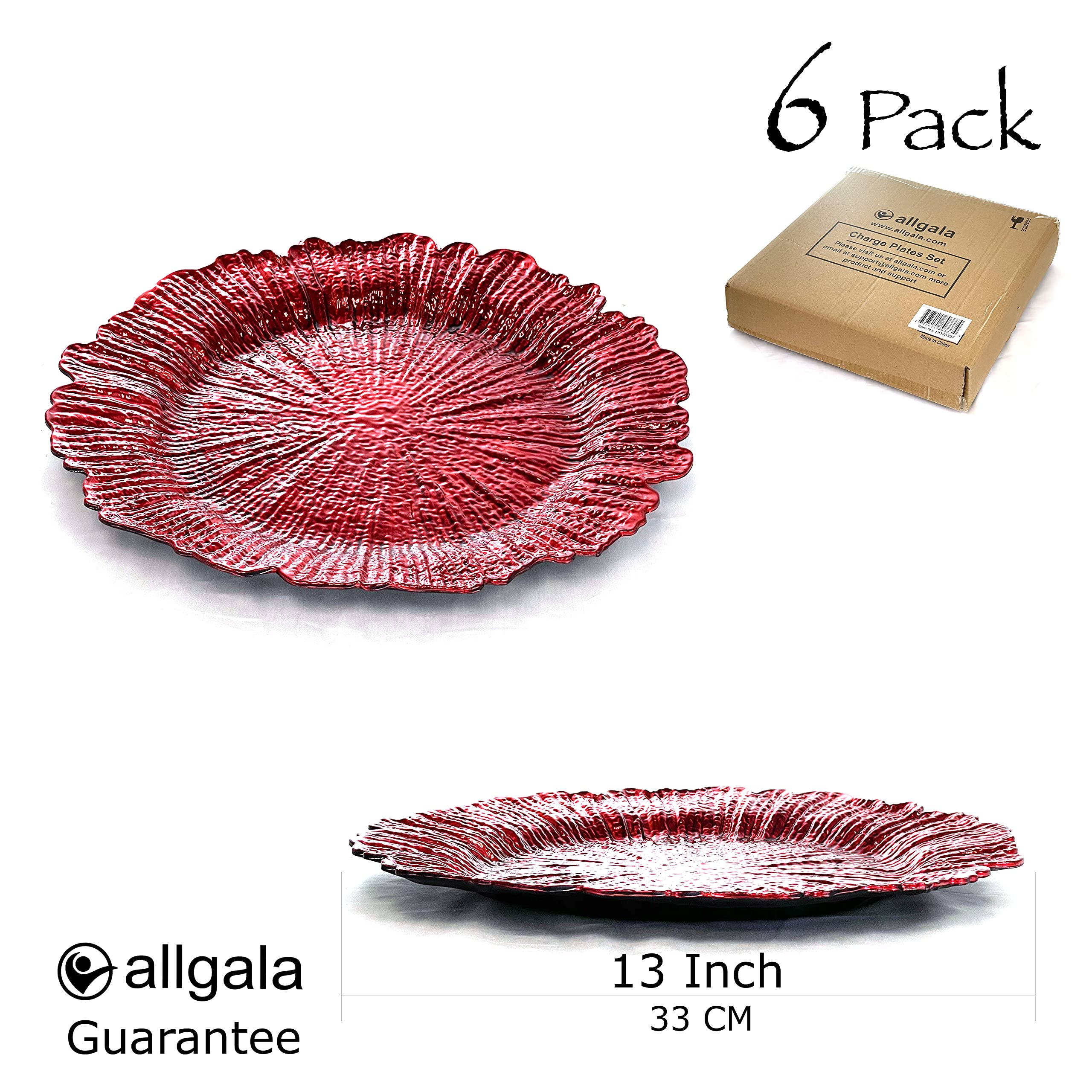 allgala 13-Inch 6-Pack Heavy Quality Round Charger Plates-Reef Red-HD80339