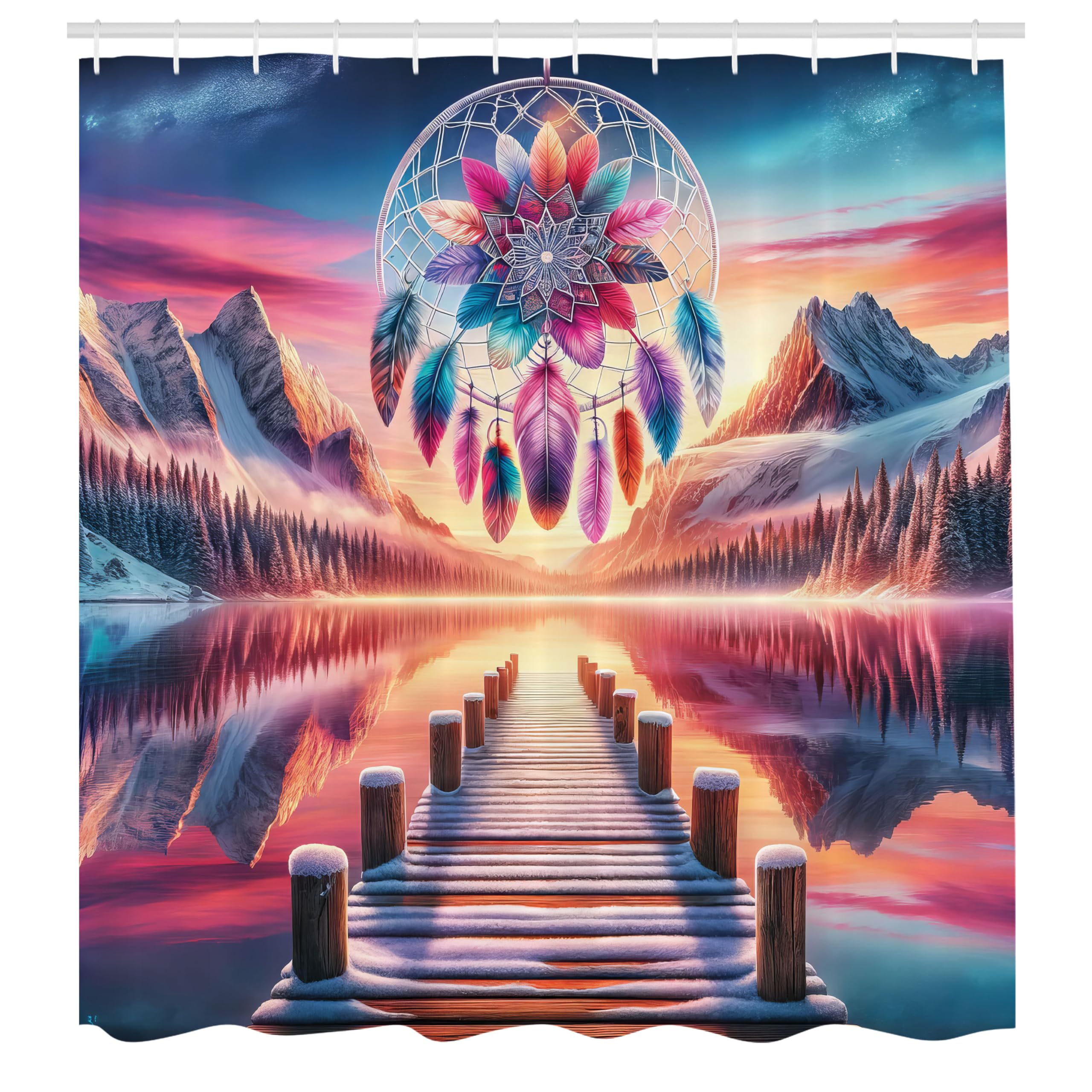 Ambesonne Lake Shower Curtain, Pure Wild Mountains Sunset Sky Dreamcatcher Feathers In Psychedelic Colors, Cloth Fabric Bathroom