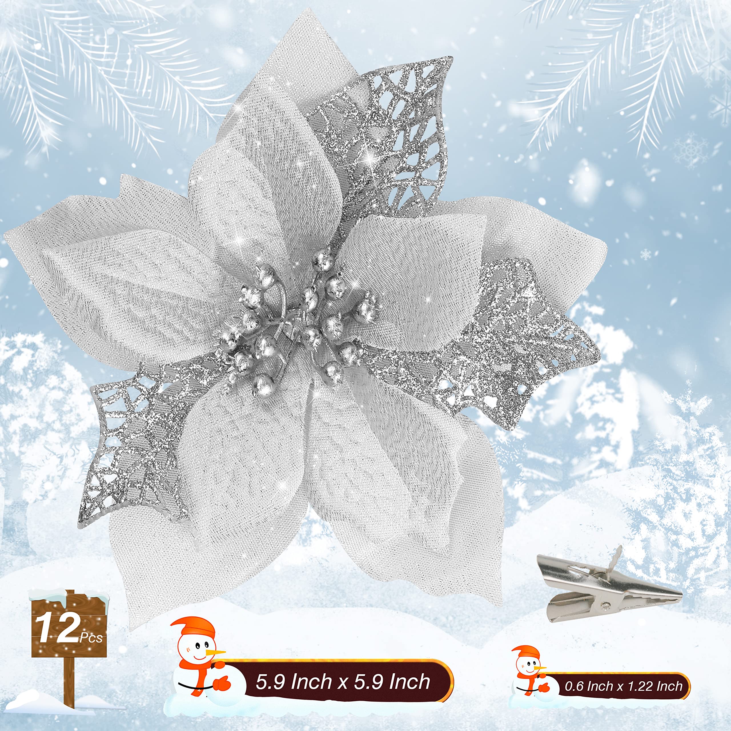 Childom 12 PCS Poinsettia Flower Artificial Poinsettia Christmas Decoration 5.9 Silver Glitter Poinsettias Christmas Ornaments