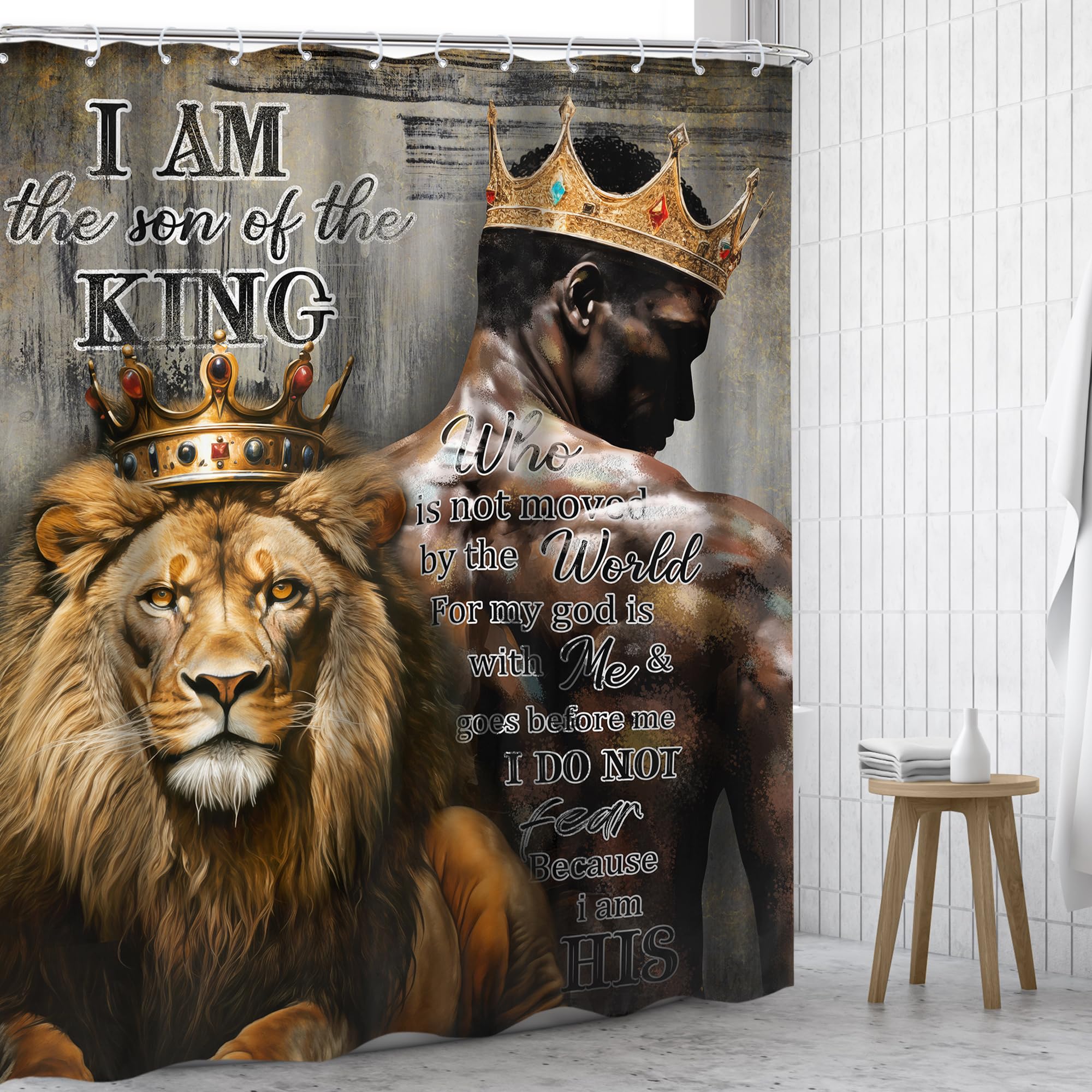 Omifly Lion King Shower Curtain 60Wx72H Inch Black Man Inspirational Quote African American Christian Scripture Motivational Wor