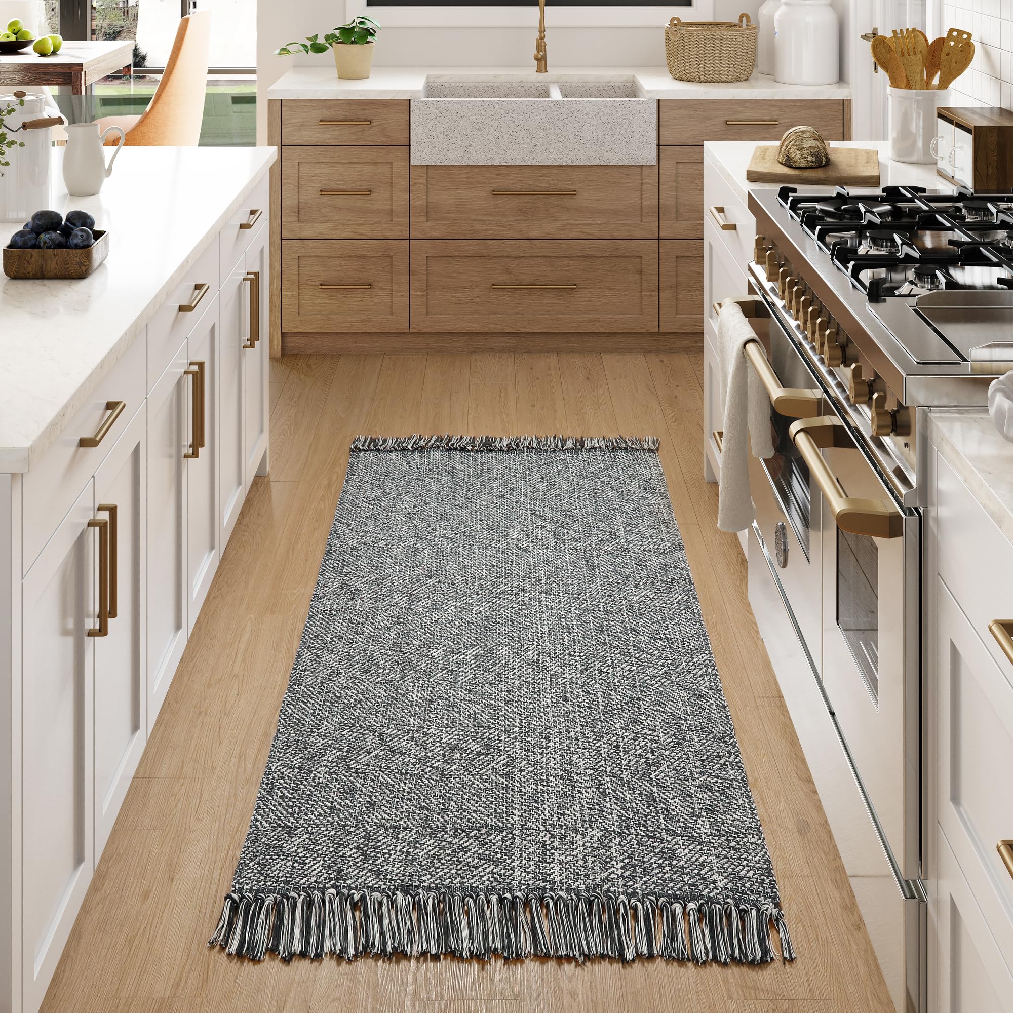 Collive Washable Area Rug 3 x 5, Modern Woven Kitchen Rugs, Grey/Cream Braided Cotton Rug Indoor Door Mat Throw Carpet for Ent