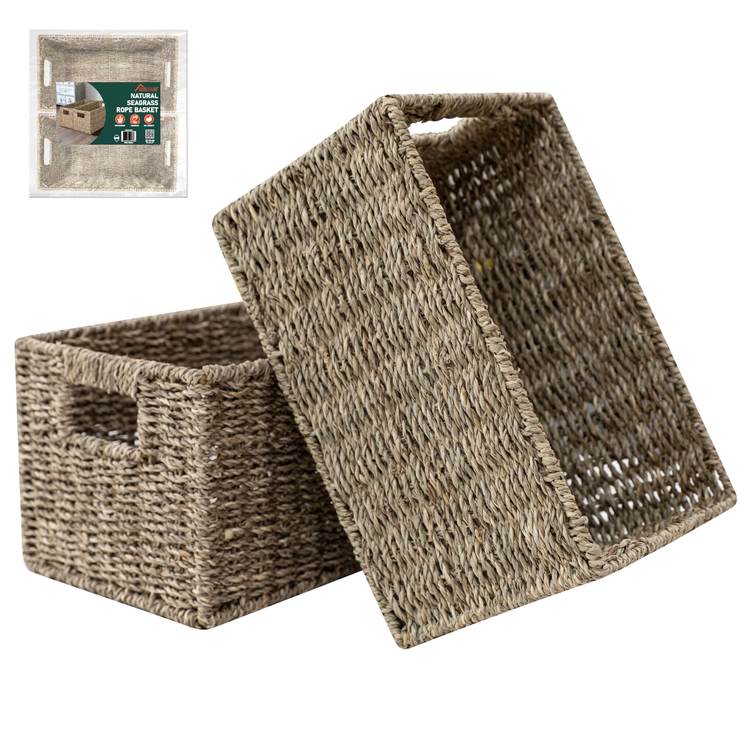 Homestead Seagrass Baskets With Built-In Handles For Storage, 13.5'' X 8'' Medium Rectangular Wicker Basket For Bedroom, Living