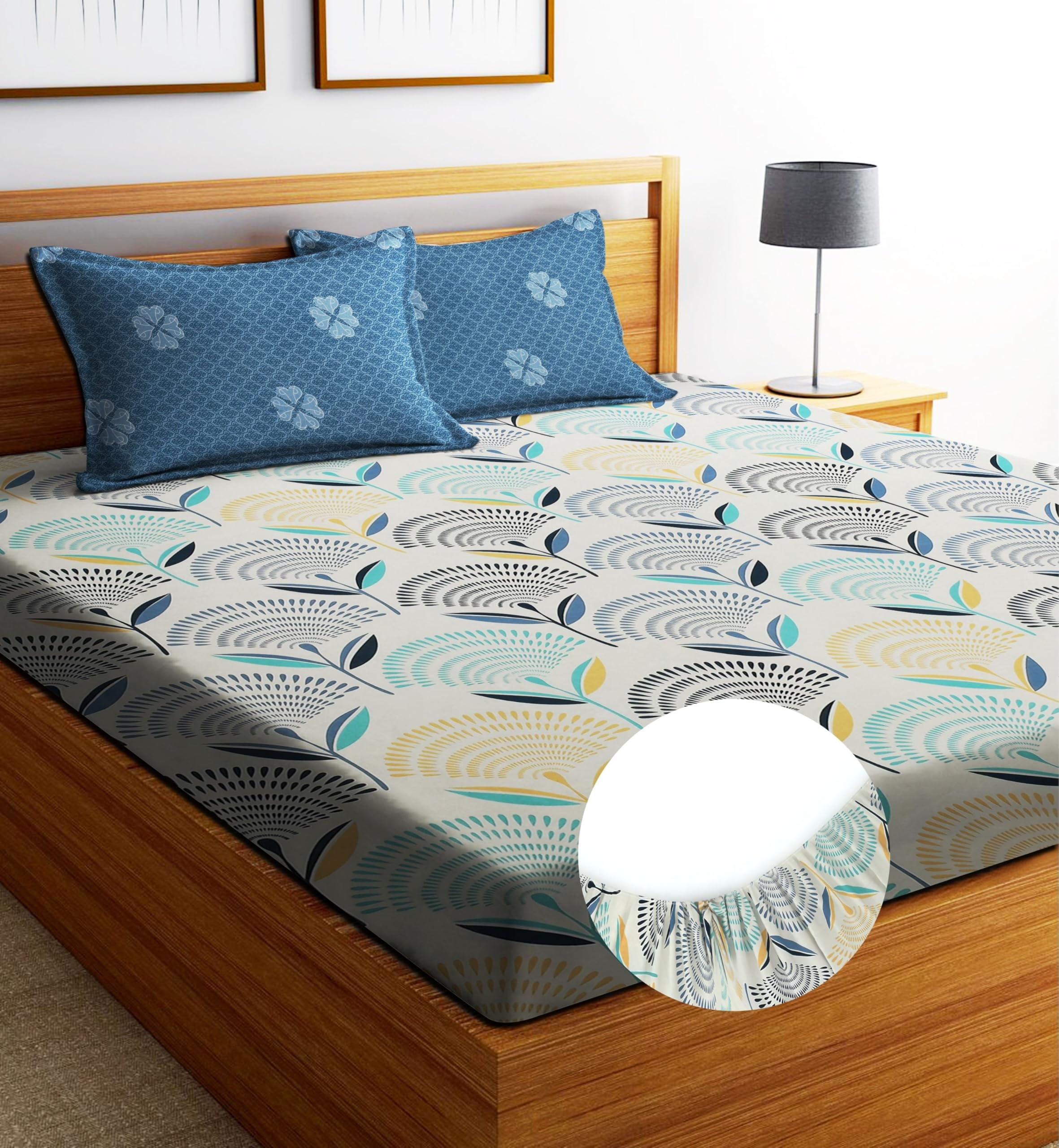 Shomes Elastic 250 Tc Printed Fitted Bedsheet With Large Size Pillow Covers | Single & King Double Bed With All Around Elastic, 