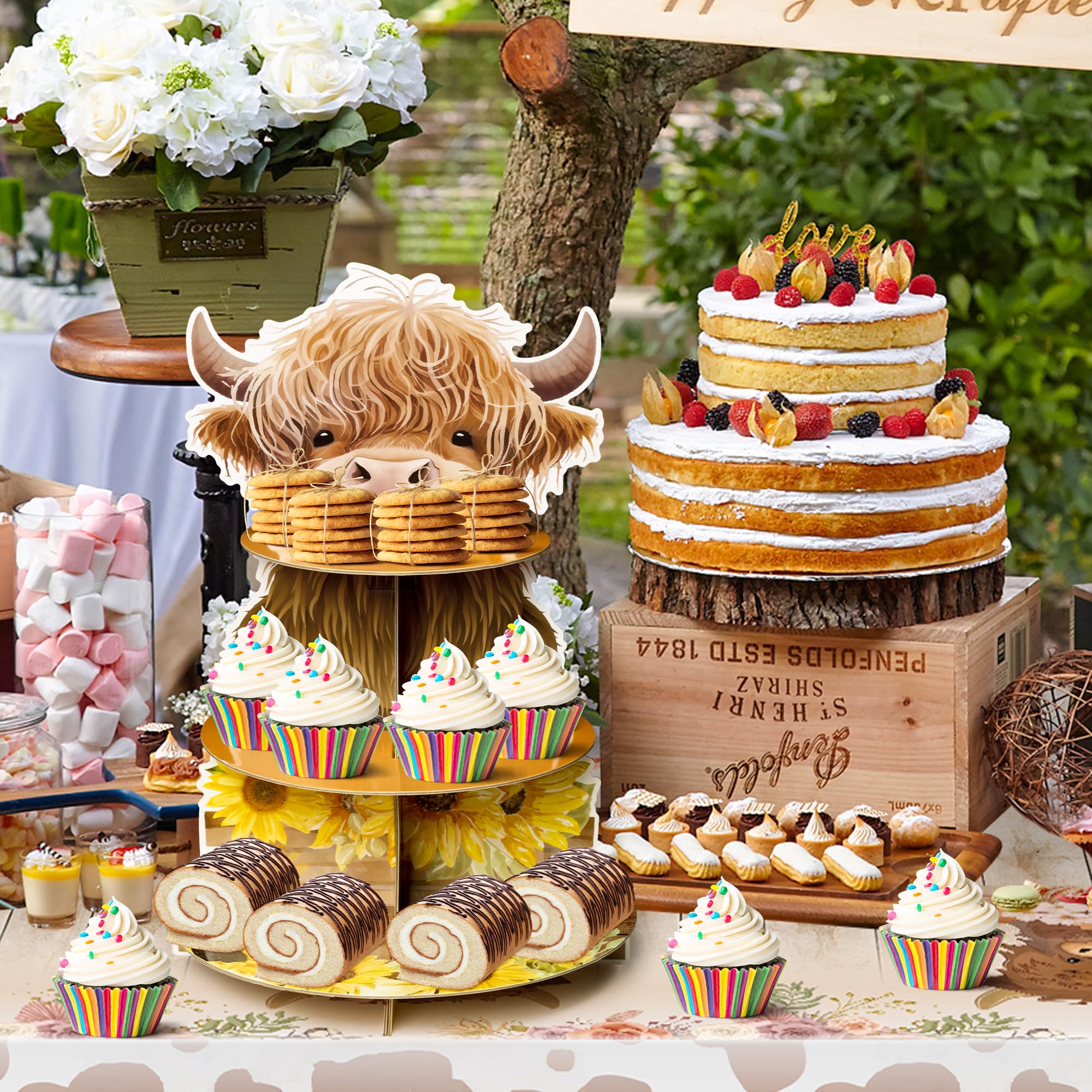 Salovio Highland Cow Cupcake Stand - 3 Tiers Highland Cow Cupcake Stand Baby Highland Cow Birthday Party Cardboard Cupcake Holde