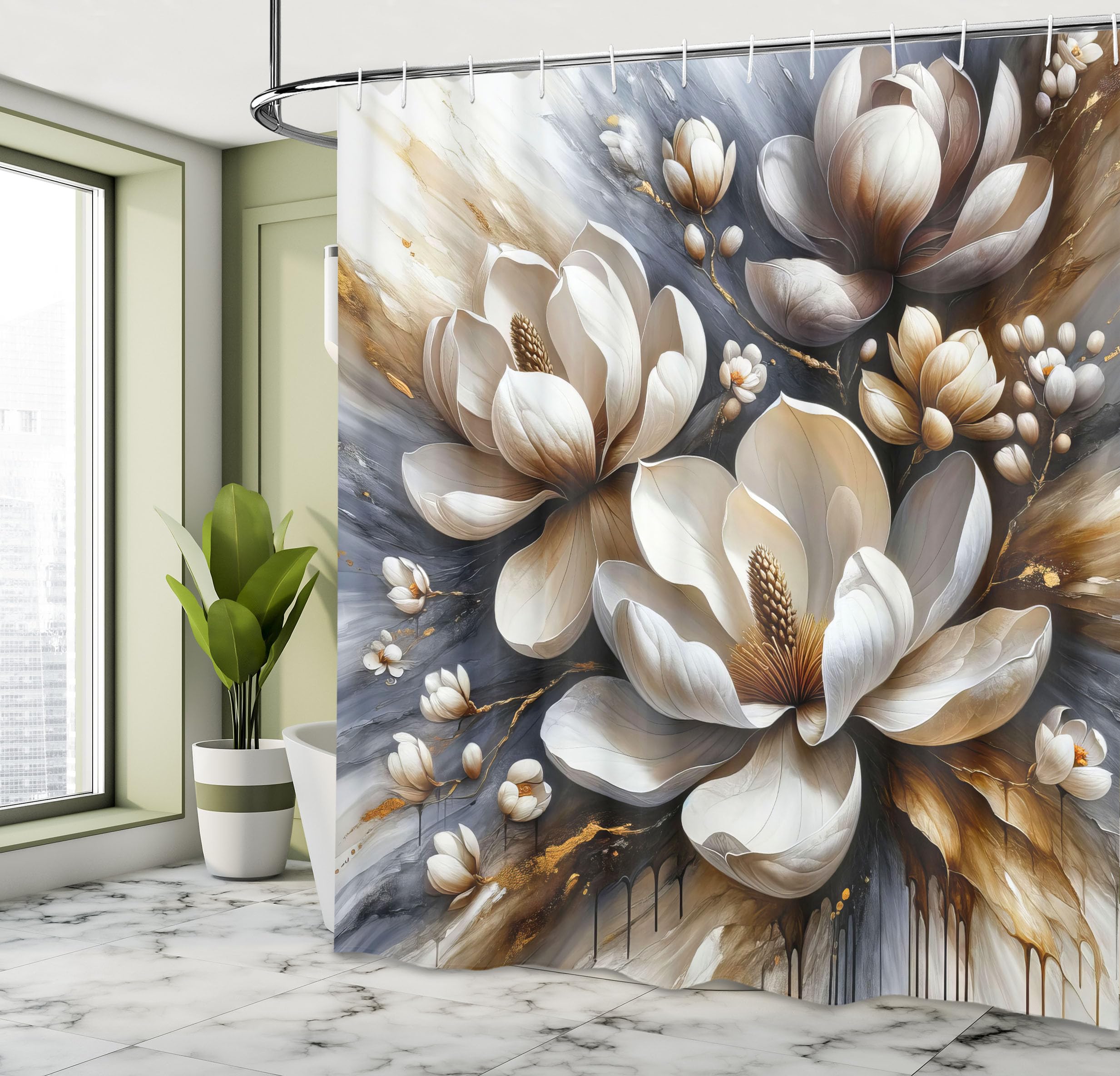 Ambesonne Brown Shower Curtain, Watercolor Design Floral Motif With Painting Style Magnolia Petals Grunge Back, Cloth Fabric Bat