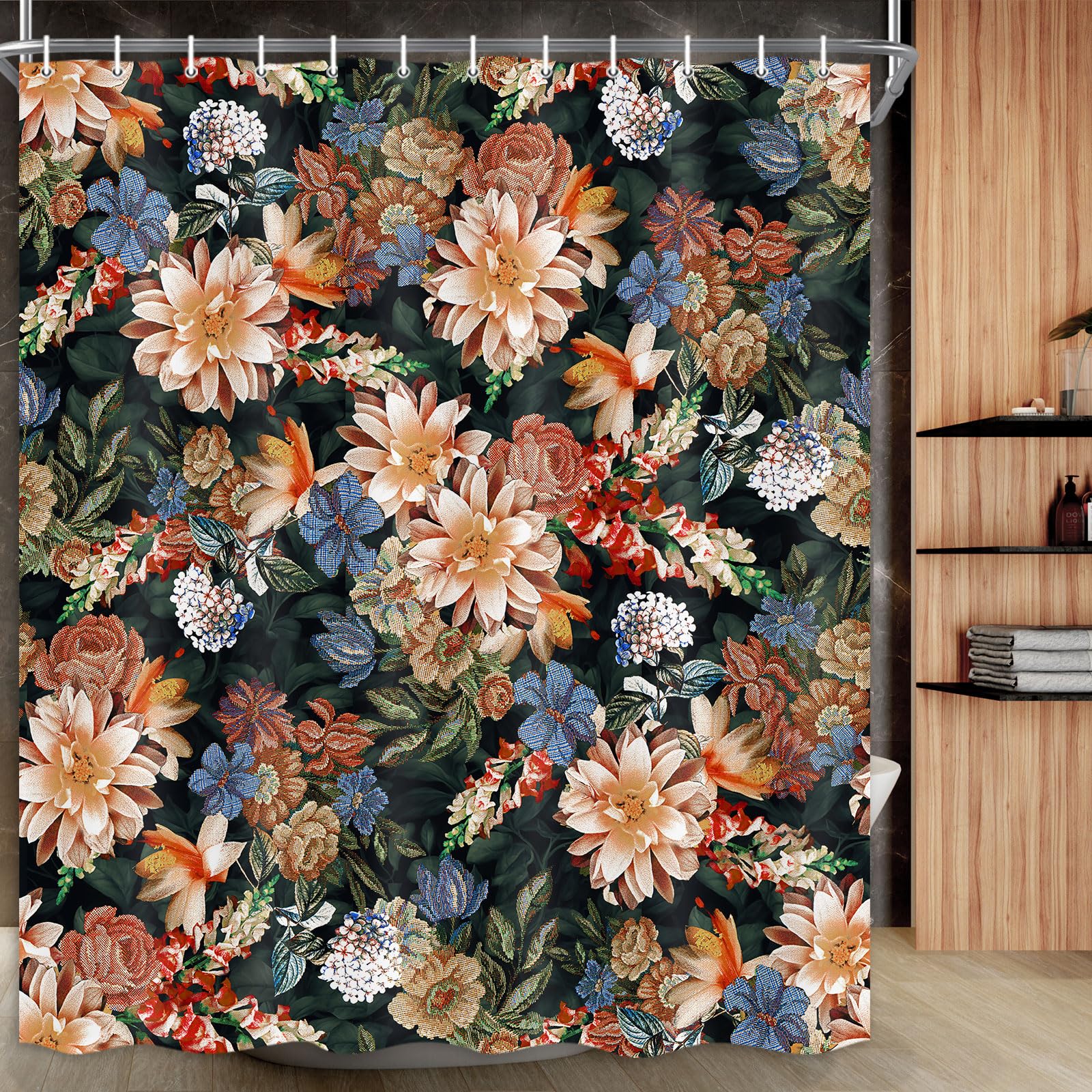 Drgilau Floral Shower Curtain, Vintage Floral Shower Curtain Set Blue Flower Plants Bathroom Curtain, Boho Floral Shower Curtain
