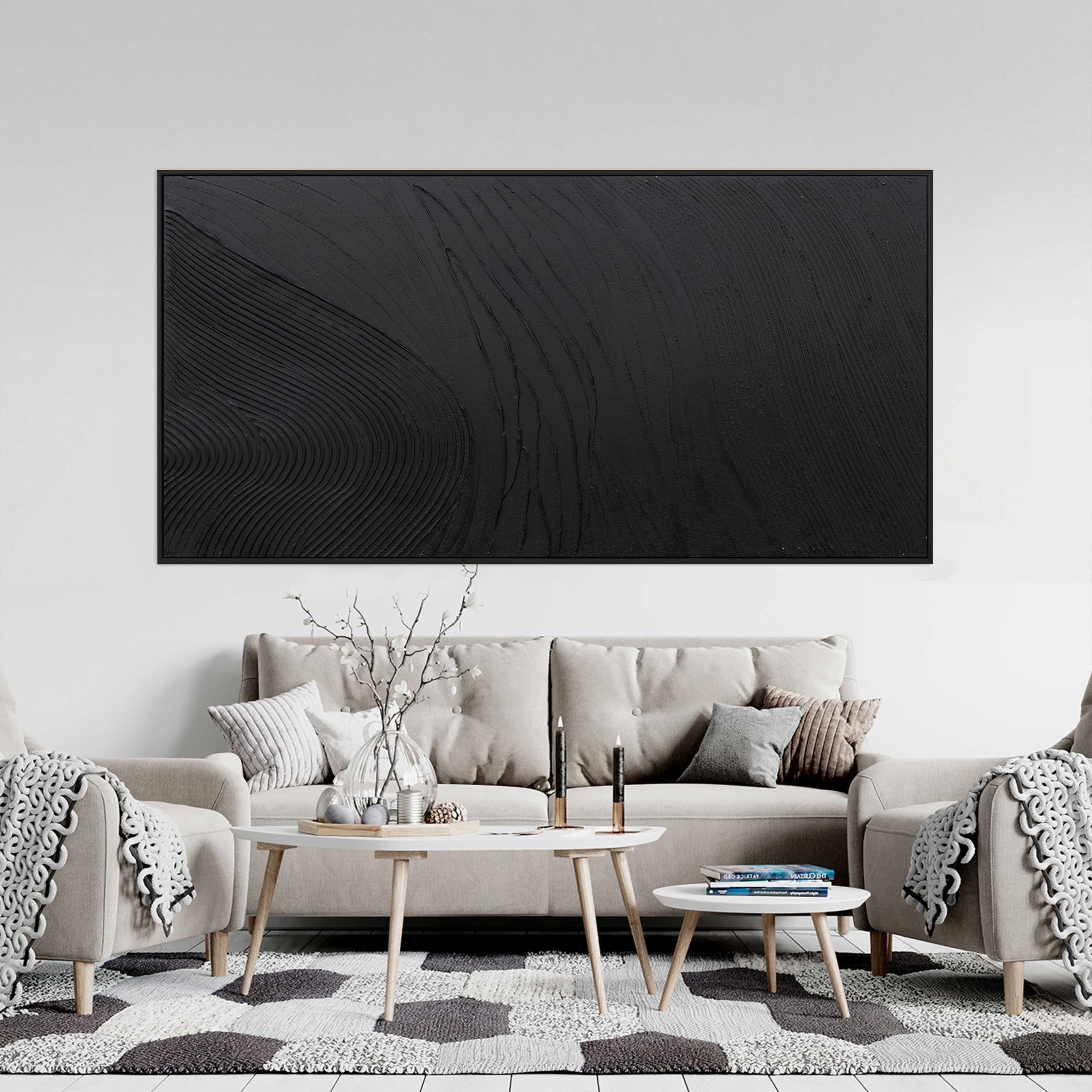 TQJ YILUFA ART Large Abstract Canvas Wall Art, Black, 58"x29", Framed Hand Painted Texture Decor for Living Room, Bedroom, Office