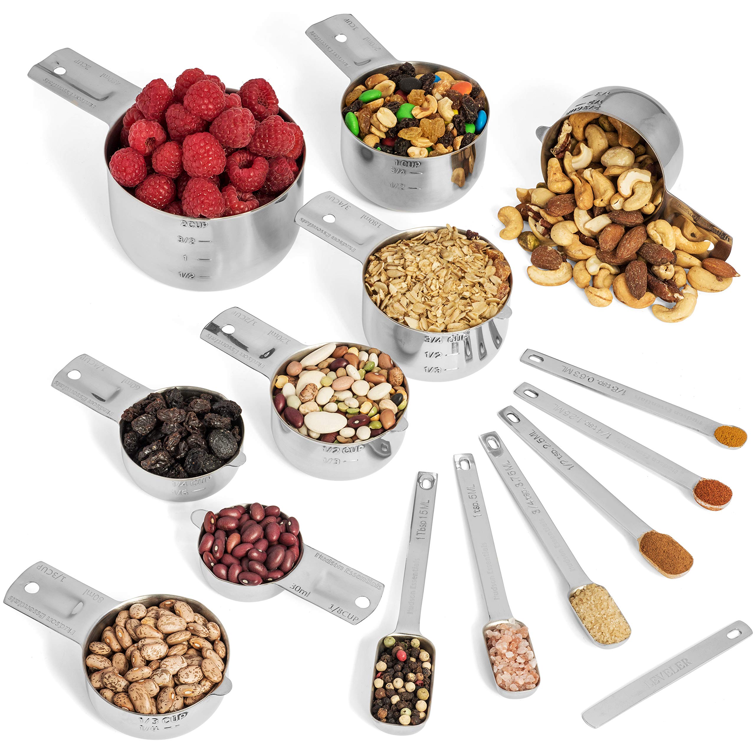 Hudson Essentials Stainless Steel Measuring Cups & Spoons Set - 15 Piece Set, Durable Kitchen Utensils, Model HE-MCSET-15