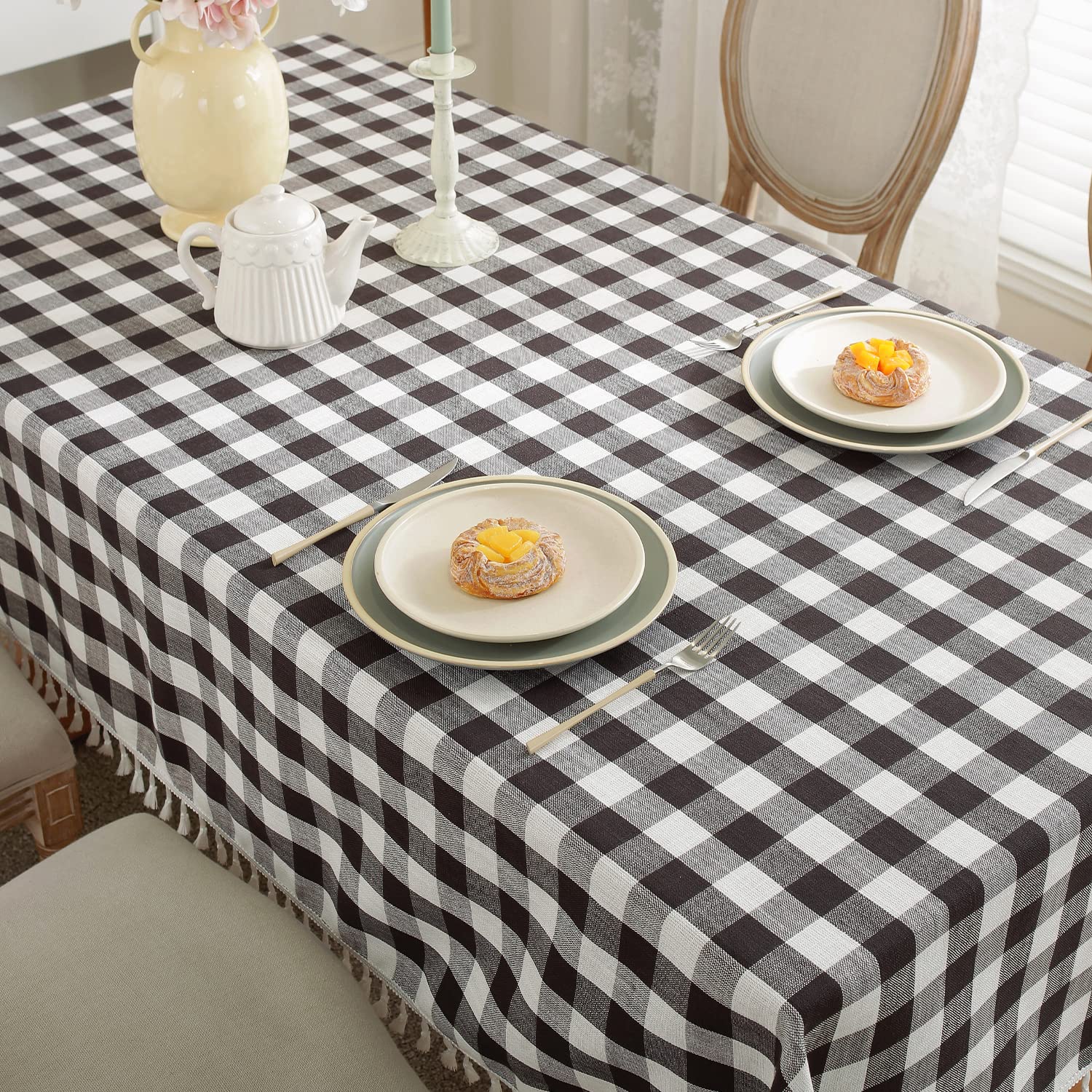 Laolitou Checkered Tablecloth Rectangle Washable Halloween Buffalo Plaid Table Cloth With Tassel Cotton Linen Gingham Table Cove