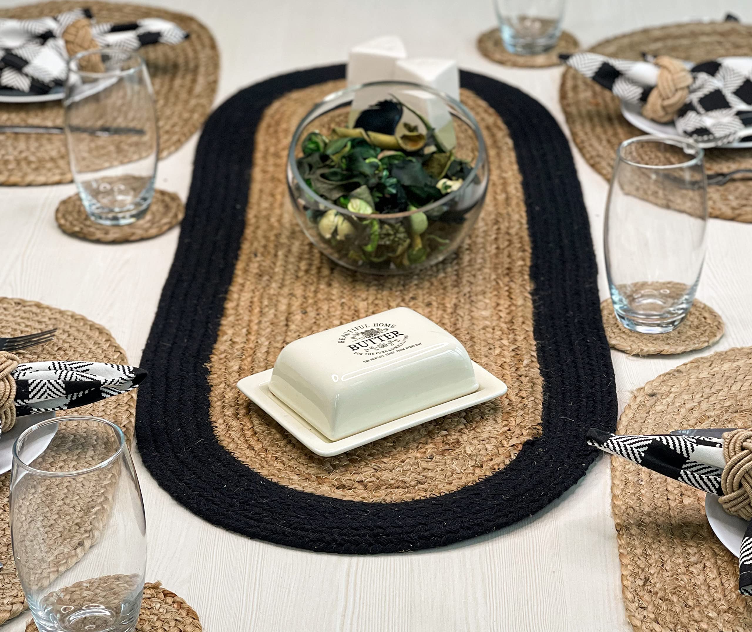 CHARDIN HOME Verona Oval Woven Jute & Cotton Braided Table Runner, Size -13 x 36 Inches, Color - Natural Jute with Black Border