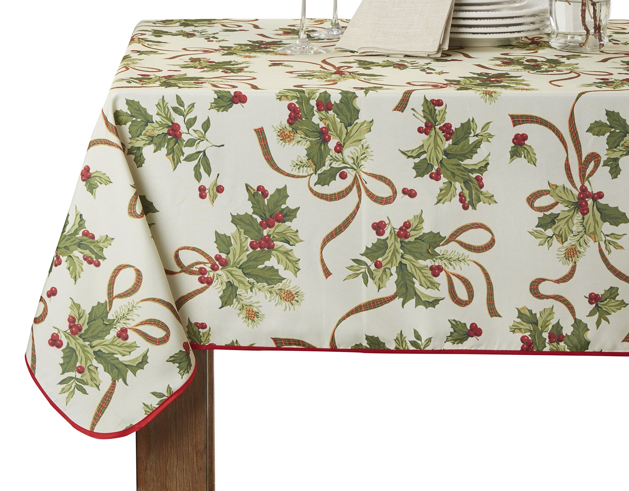 Violet Linen European Seasonal Christmas Ribbons Tablecloth Beige 60'' X 120''