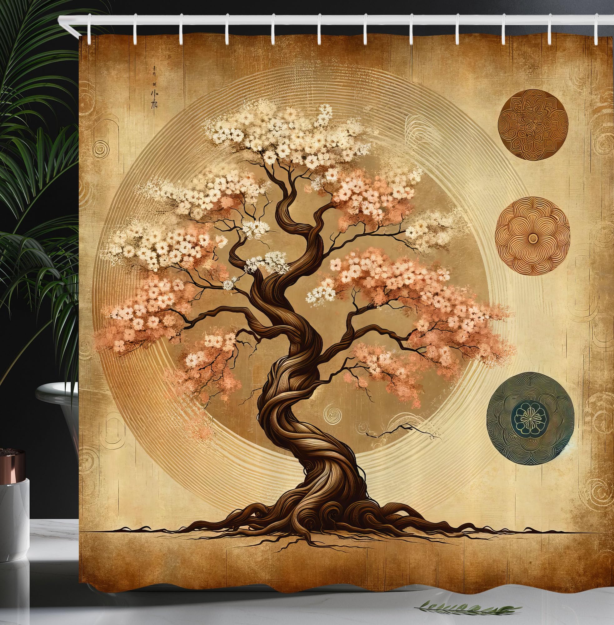 Ambesonne Brown Shower Curtain, Ethnic Weathered Style Spring Tree Japanese Garden Rustic Folkloric Motif, Cloth Fabric Bathroom