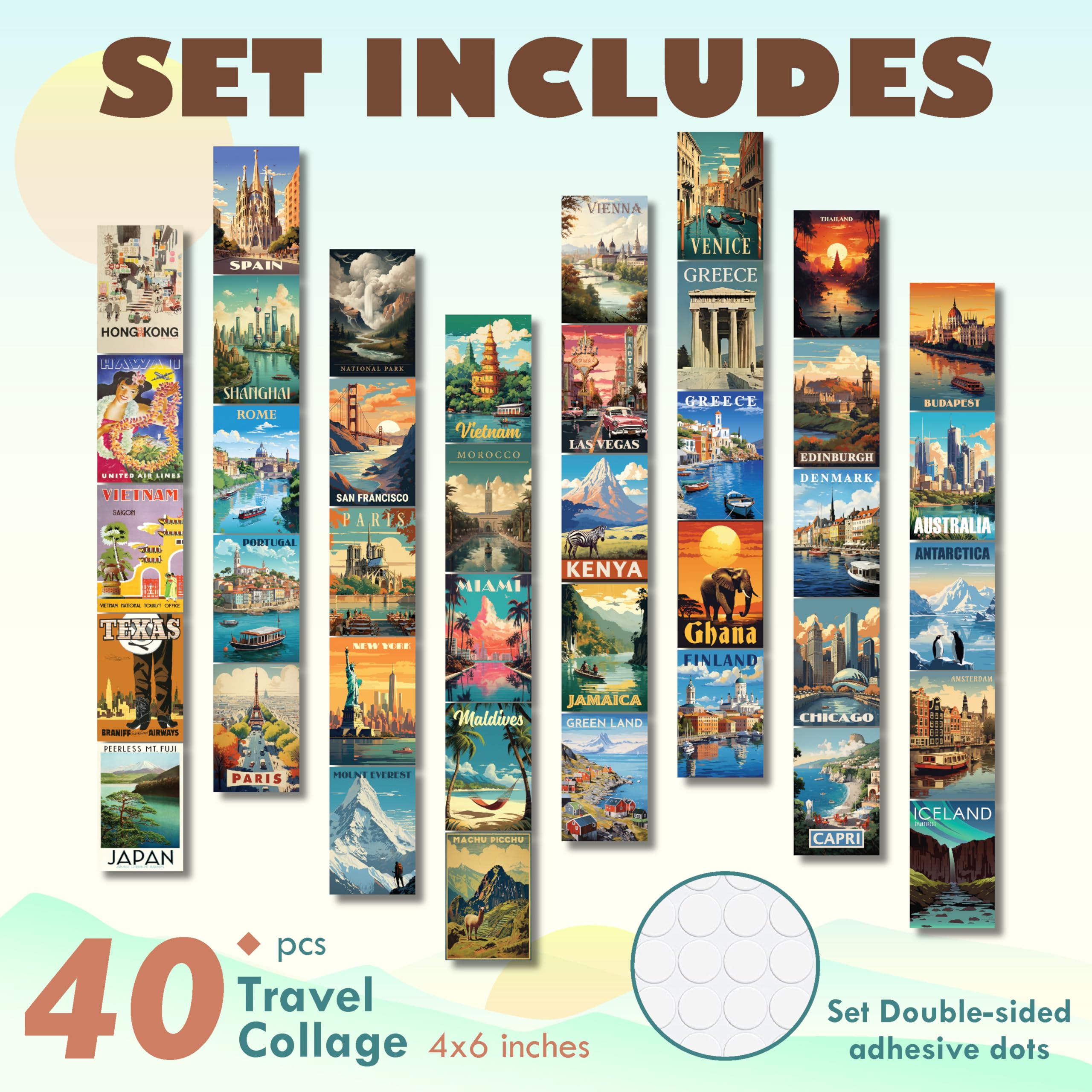 97 Decor Vintage Travel Posters - 40 Pcs Wall Art Prints, 4x6 Inches, Travel Collage for Home & Classroom Décor