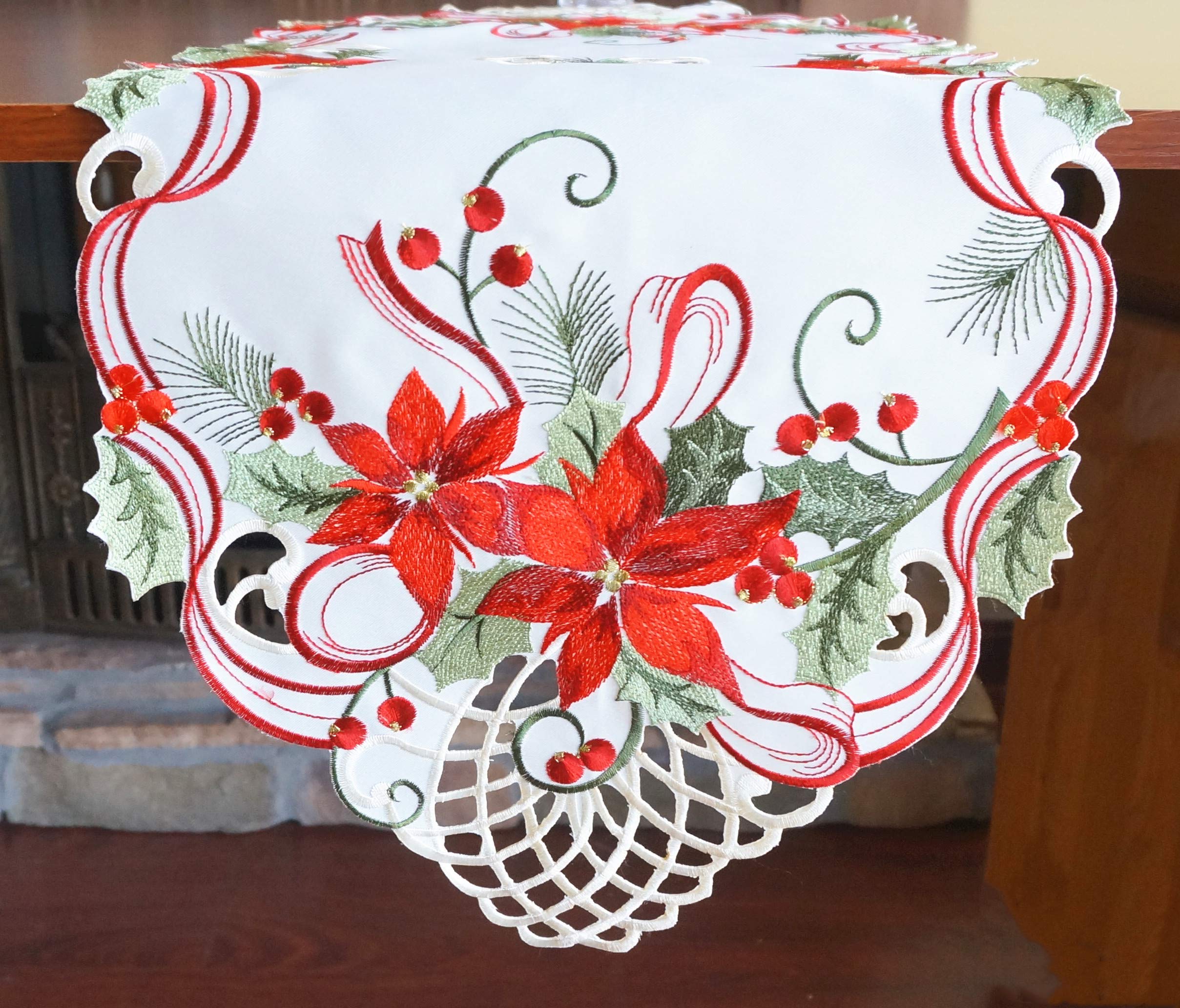 Holiday Christmas Table Runner 13''X34'', Cutwork Embroidered Floral Christmas Flower Dresser Sacrf Table Topper For Home Dining