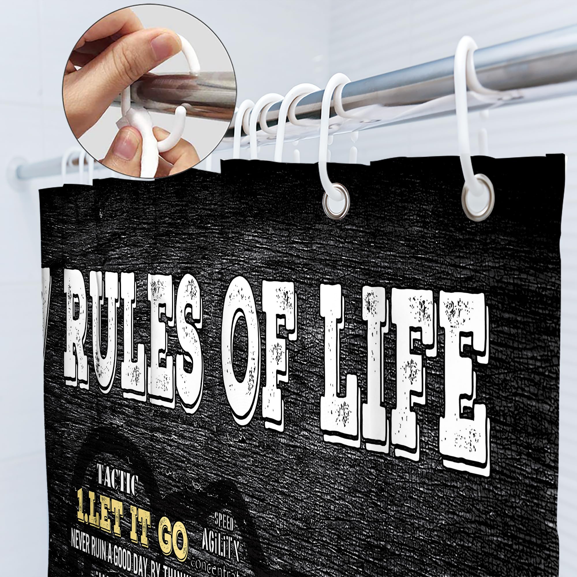 Svbright Mens Motivational Quotes Shower Curtain 60Wx72L Inch Black Inspirational Words Rules Of Life Cool Fist Boys Man 12 Pack